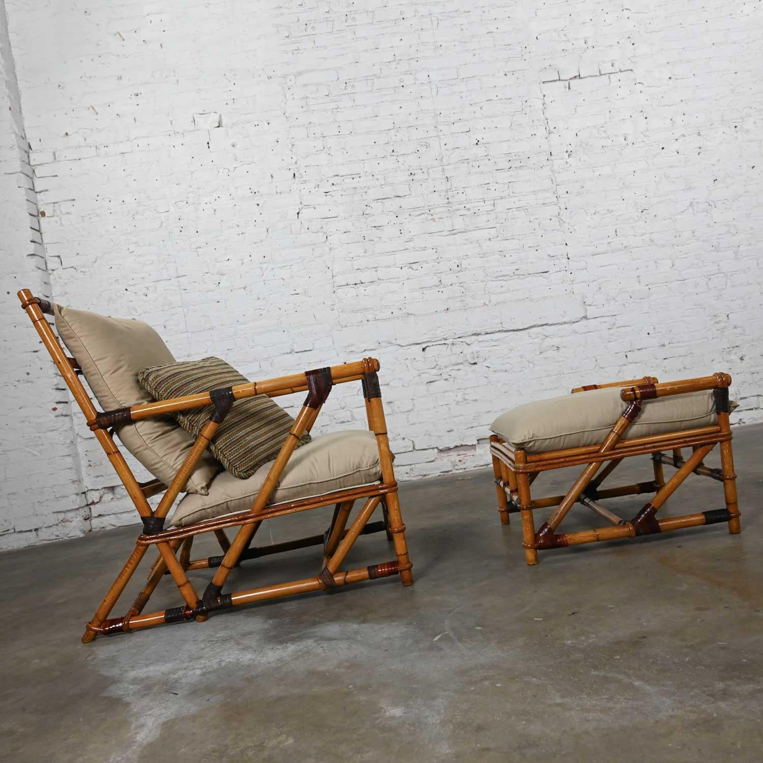Unknown Campaign Island Style Rattan Lounge Chair & Ottoman Style Ficks Reed & McGuire For Sale