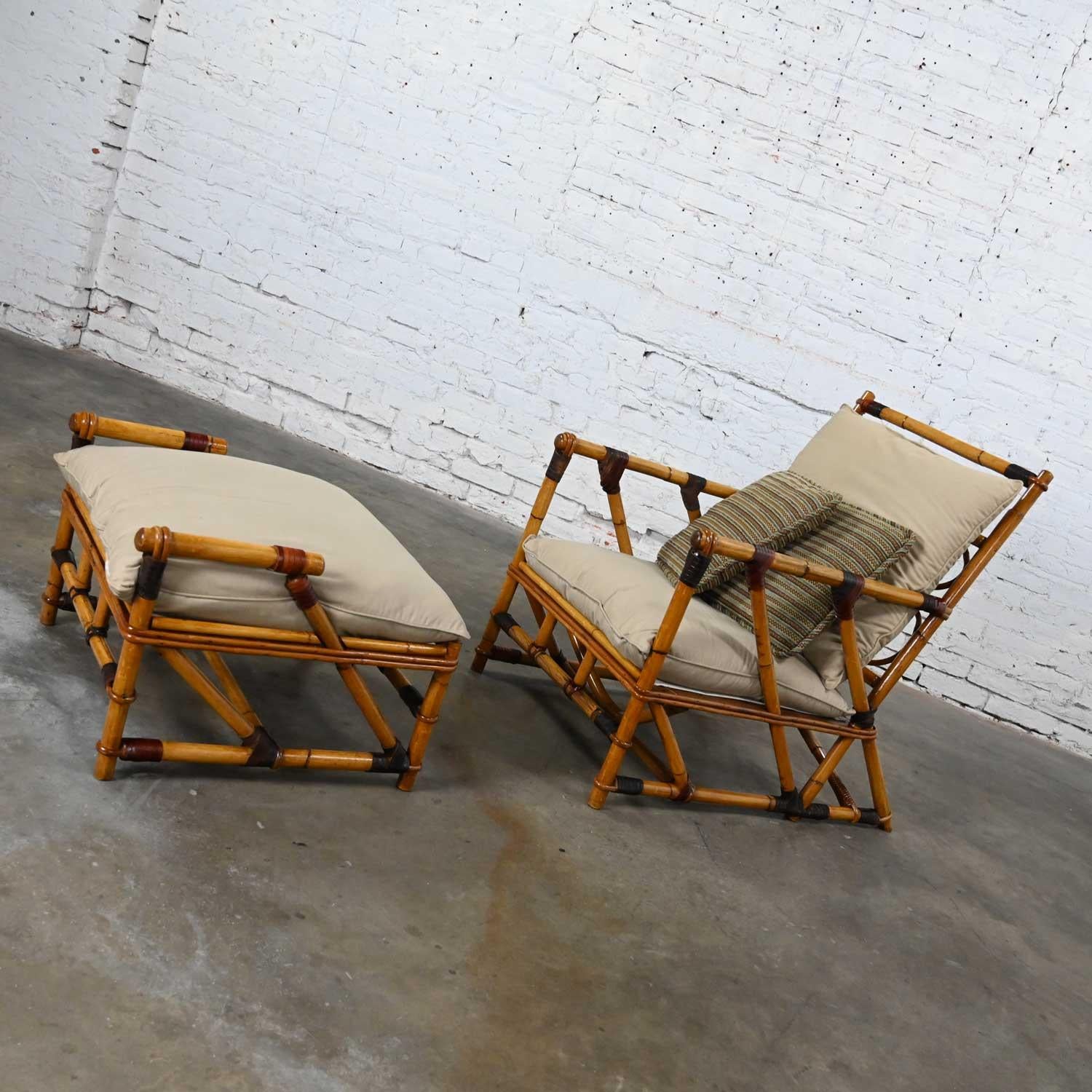 20th Century Campaign Island Style Rattan Lounge Chair & Ottoman Style Ficks Reed & McGuire For Sale