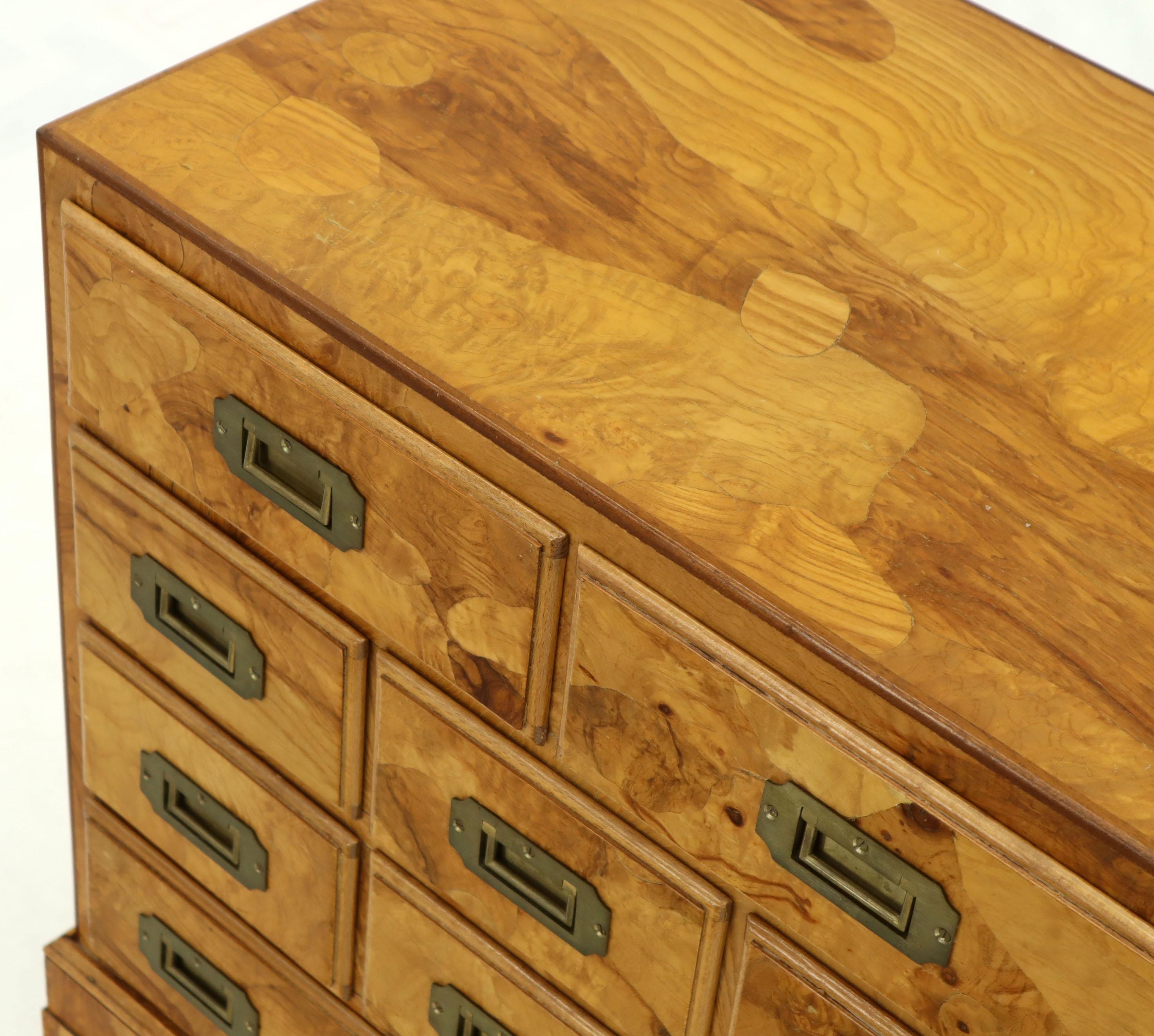 Italian bracket feet 9 drawers vivid olive burl wood pattern bachelor chest of drawers small dresser cabinet. Beautiful finished back exposing a 