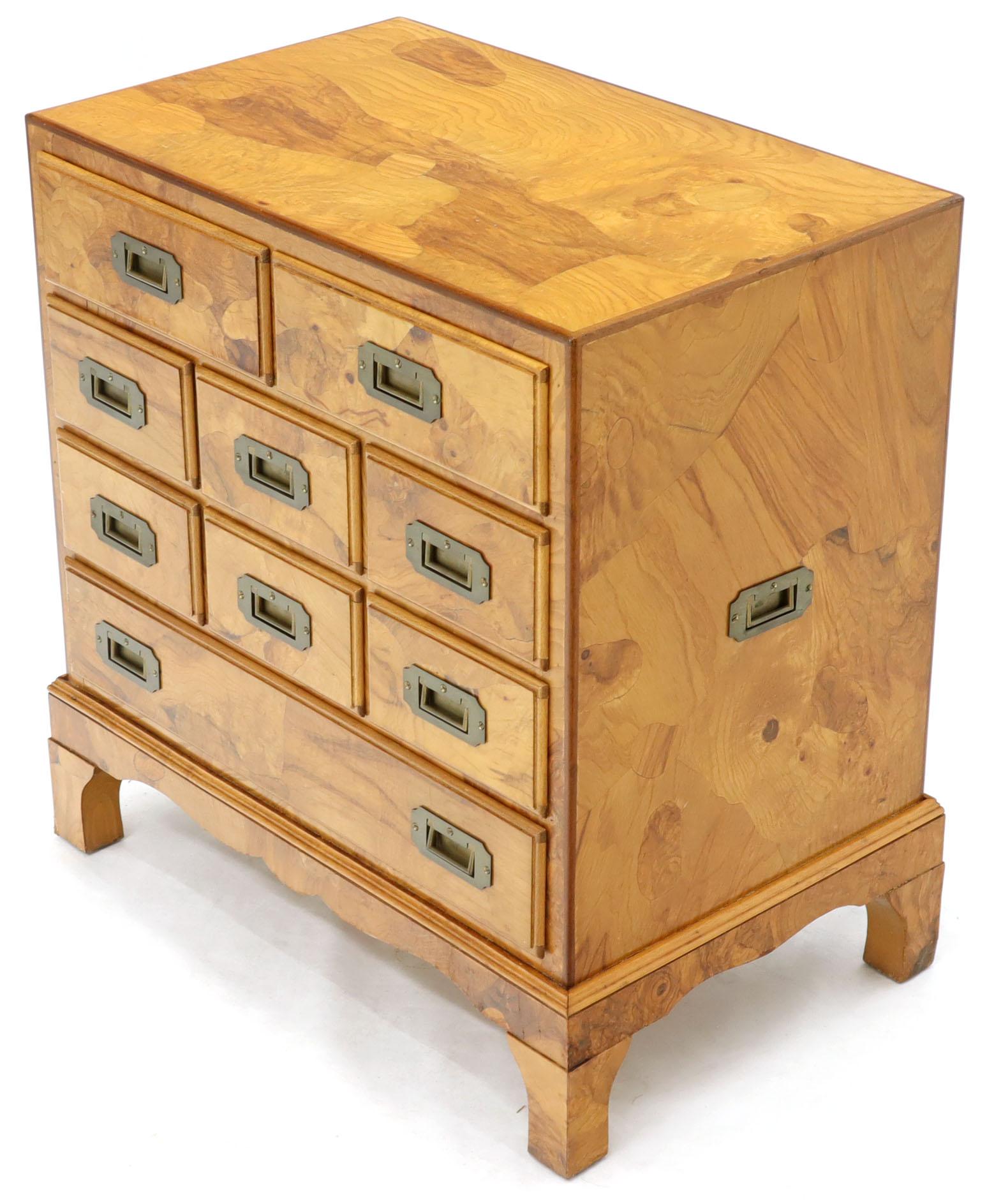 Mid-Century Modern Campaign Italian Burl Olive Wood Patch Parquetry Nine Drawer Bachelor Chest 