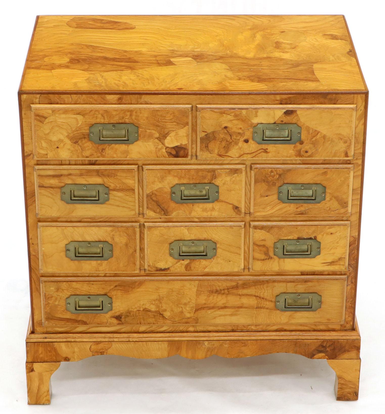 Lacquered Campaign Italian Burl Olive Wood Patch Parquetry Nine Drawer Bachelor Chest 