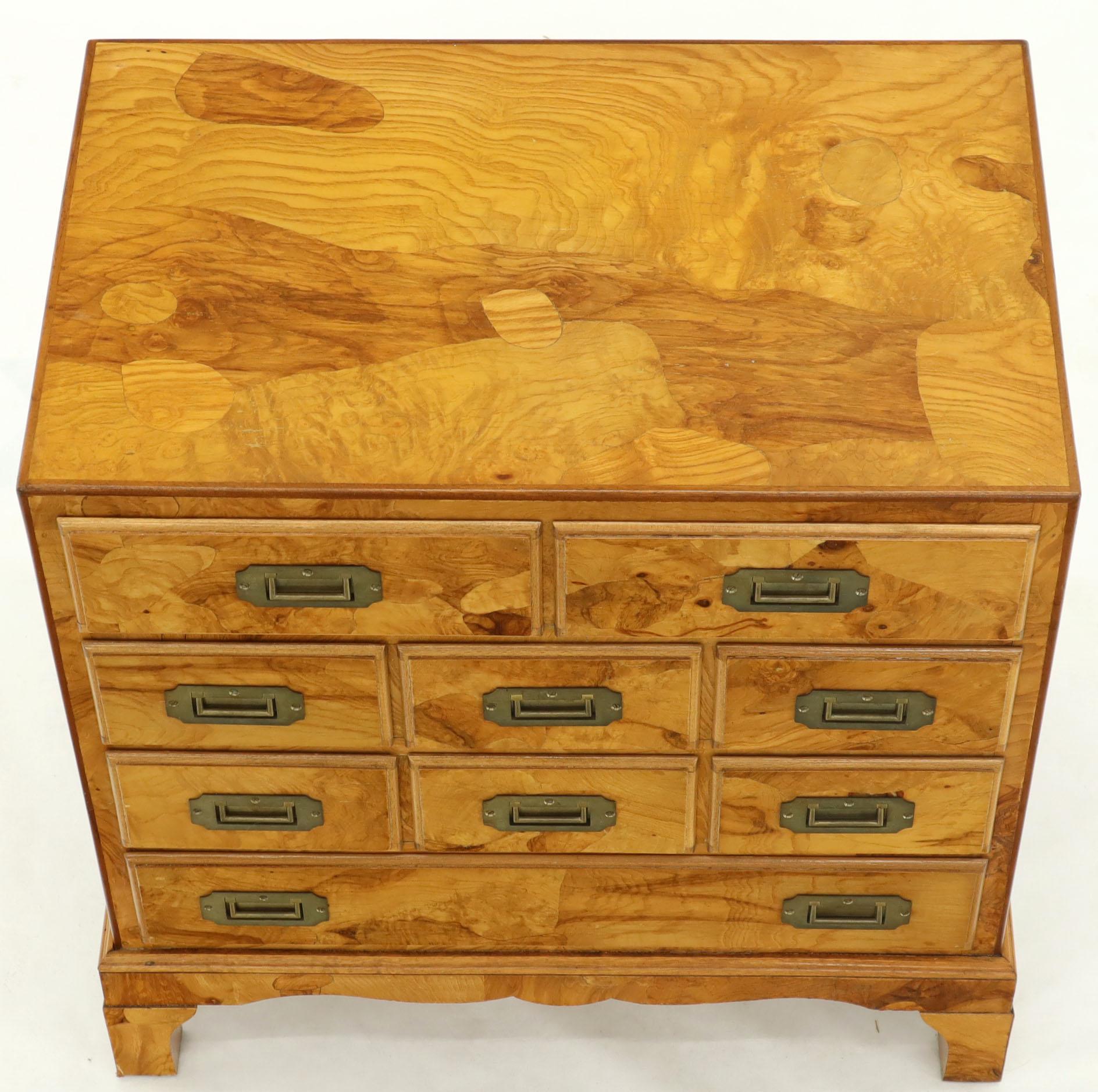 Campaign Italian Burl Olive Wood Patch Parquetry Nine Drawer Bachelor Chest  In Good Condition In Rockaway, NJ