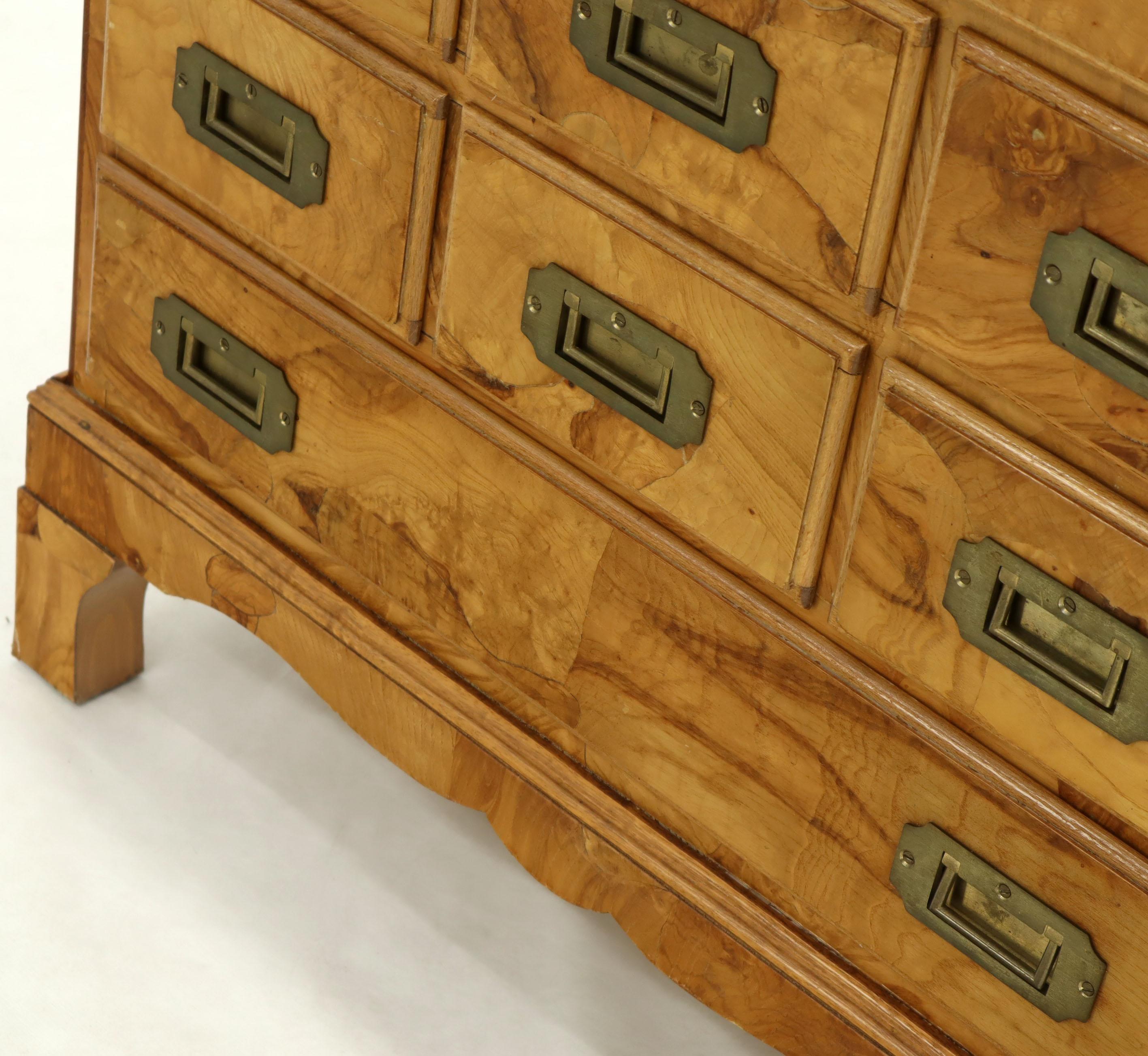 20th Century Campaign Italian Burl Olive Wood Patch Parquetry Nine Drawer Bachelor Chest 