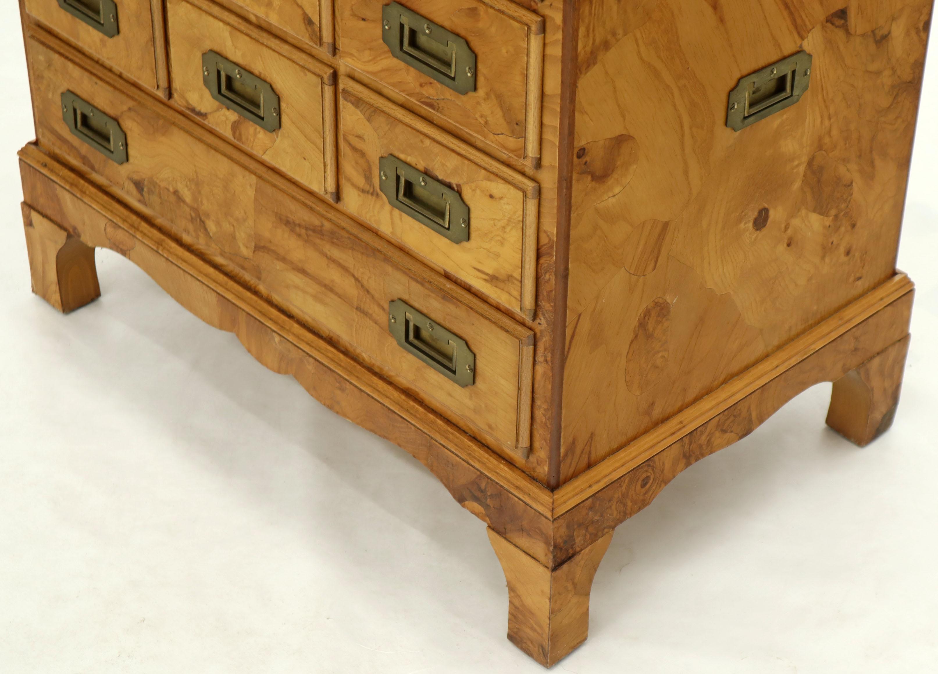 Campaign Italian Burl Olive Wood Patch Parquetry Nine Drawer Bachelor Chest  1
