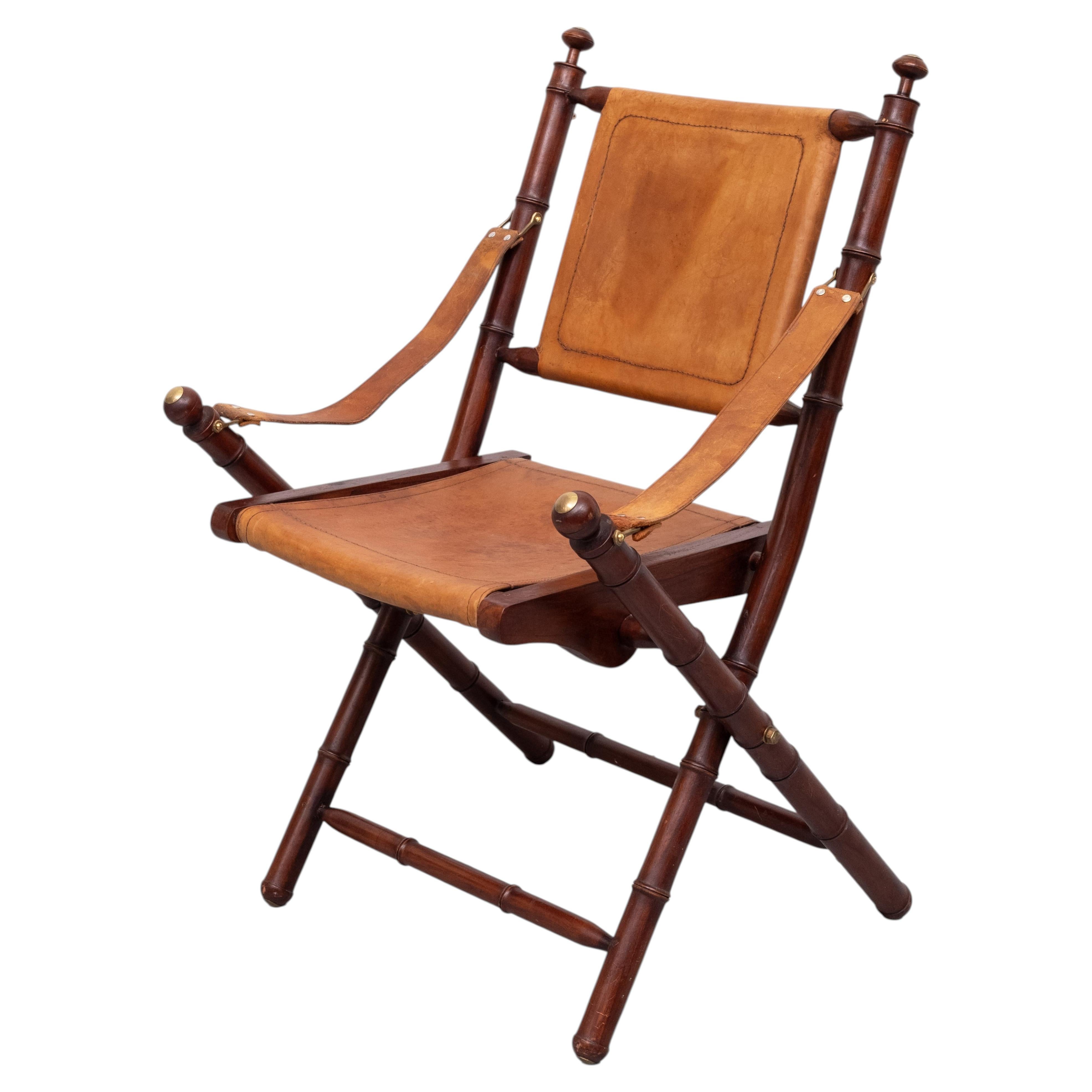 Campaign Folding Chair, Faux Bamboo & Leather, England, Circa 1960s
