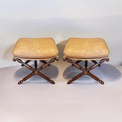 Campaign / Neo- Classical Style Lilian August Camel Leather Ottomans - Pair