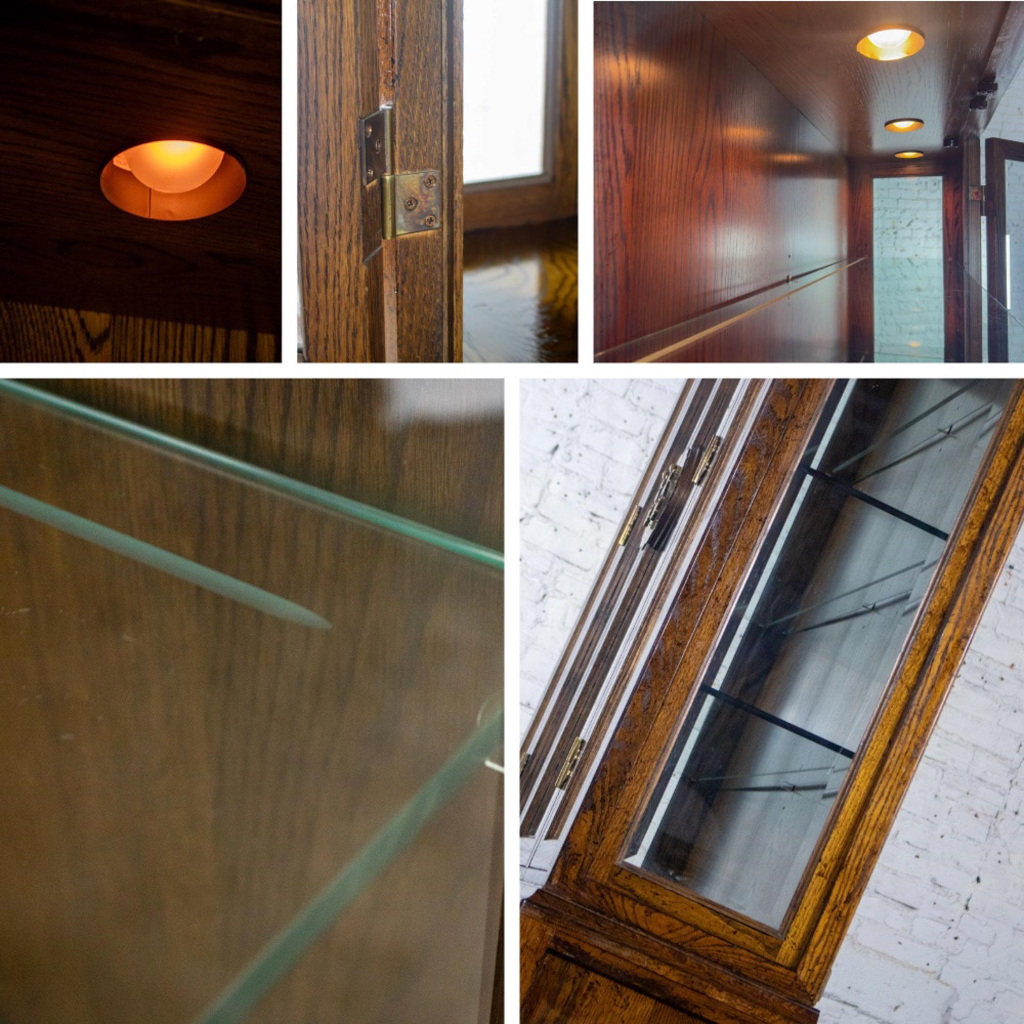 Bellissima credenza illuminata d'epoca in stile Campaigner o Chinoiserie di Bernhardt, composta da una struttura in rovere scuro, doppie ante con inserti in vetro e scanalature per le piastre, scanalature e ferramenta in ottone. In ottime