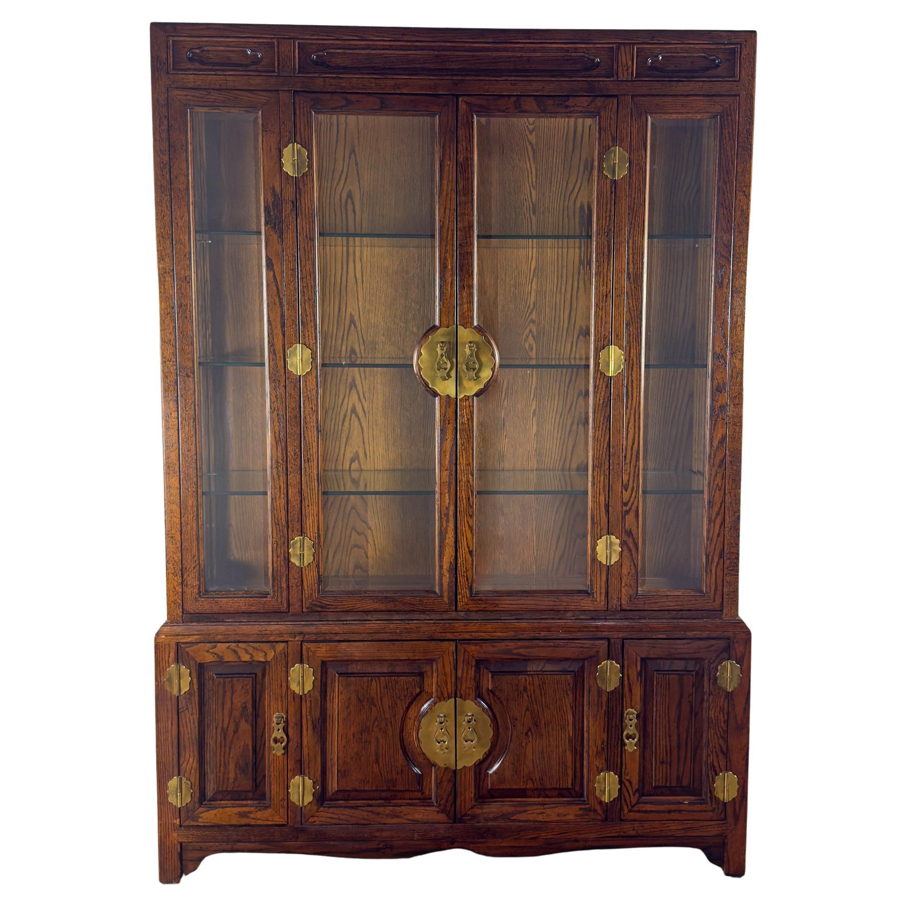 Campaign or Chinoiserie Style Lighted China Hutch by Bernhardt Dark Oak
Brass