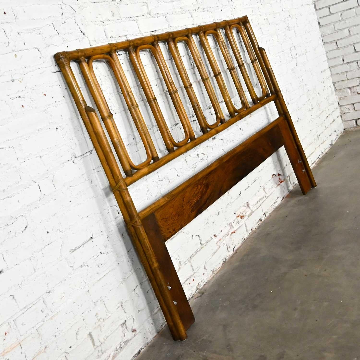 Campaign or Chinoiserie Style Rattan Queen Headboard by McGuire W/ Leather Wrap 5