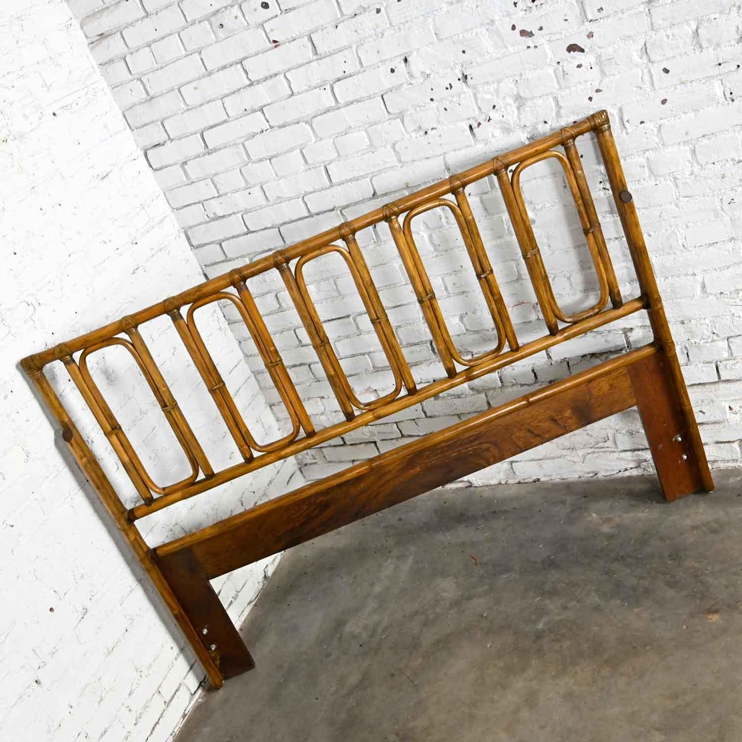 Unknown Campaign or Chinoiserie Style Rattan Queen Headboard by McGuire W/ Leather Wrap