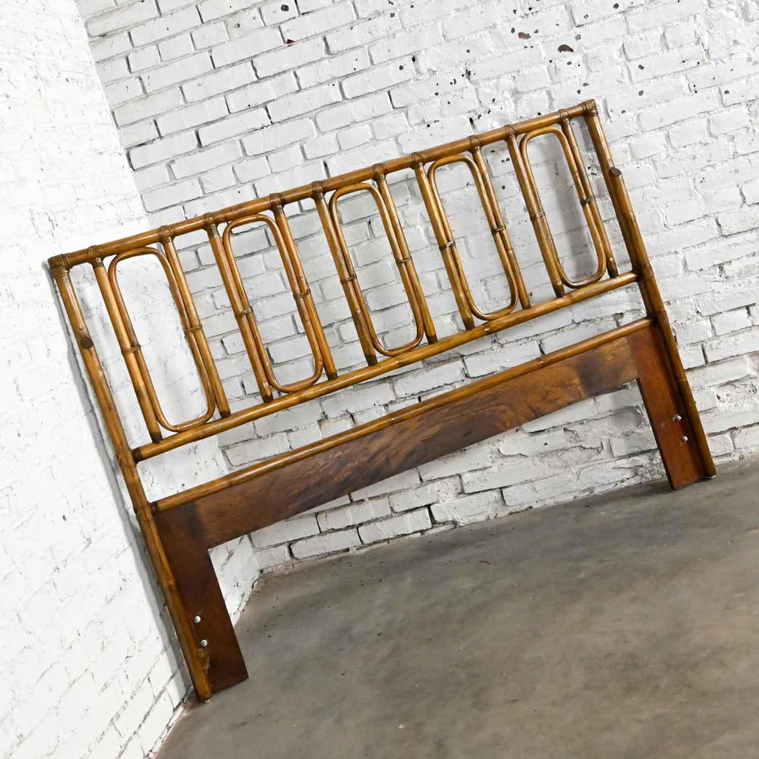 Campaign or Chinoiserie Style Rattan Queen Headboard by McGuire W/ Leather Wrap 1