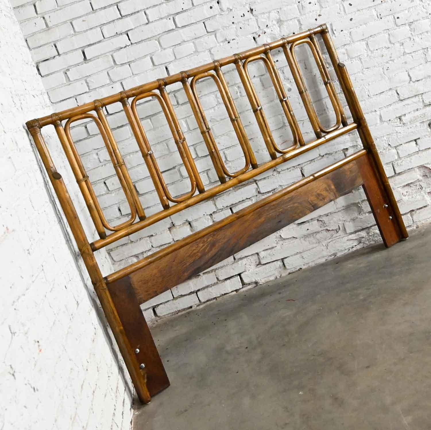 Campaign or Chinoiserie Style Rattan Queen Headboard by McGuire W/ Leather Wrap 2