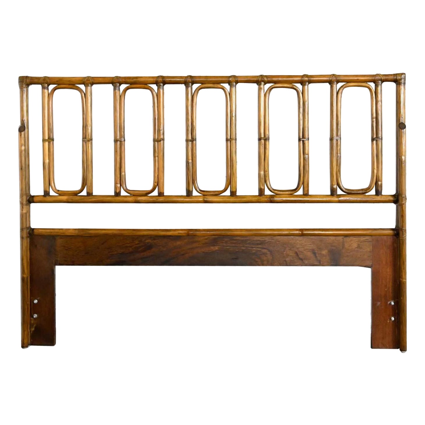 Campaign or Chinoiserie Style Rattan Queen Headboard by McGuire W/ Leather Wrap