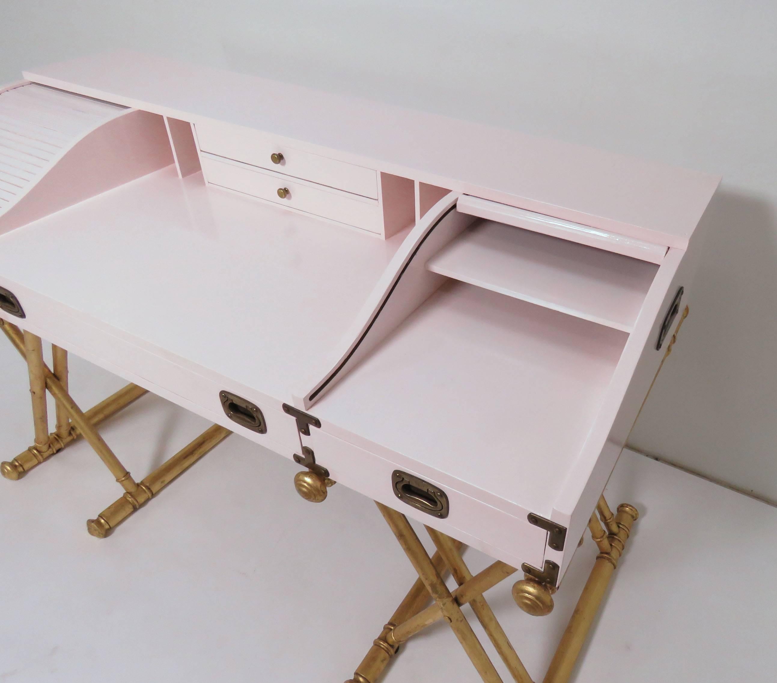 Painted Campaign Roll Top Desk on Gilt X-Form Legs by Drexel
