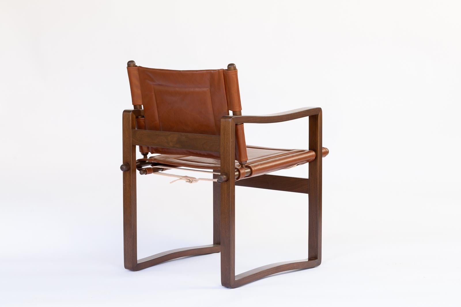 Scandinavian Modern Campaign walnut safari  Dining Chair with Brown or Black Leather For Sale