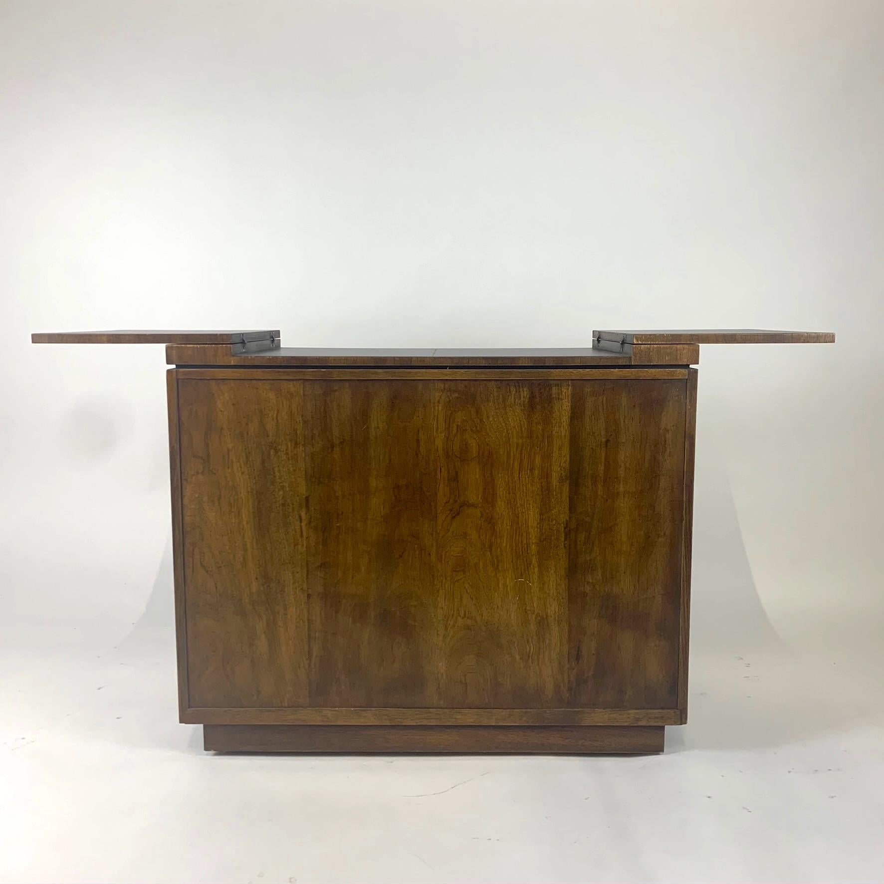 Mid-Century Modern Campaign Style Dry Bar Cabinet Server w Convertible Server Bar of Wood & Brass