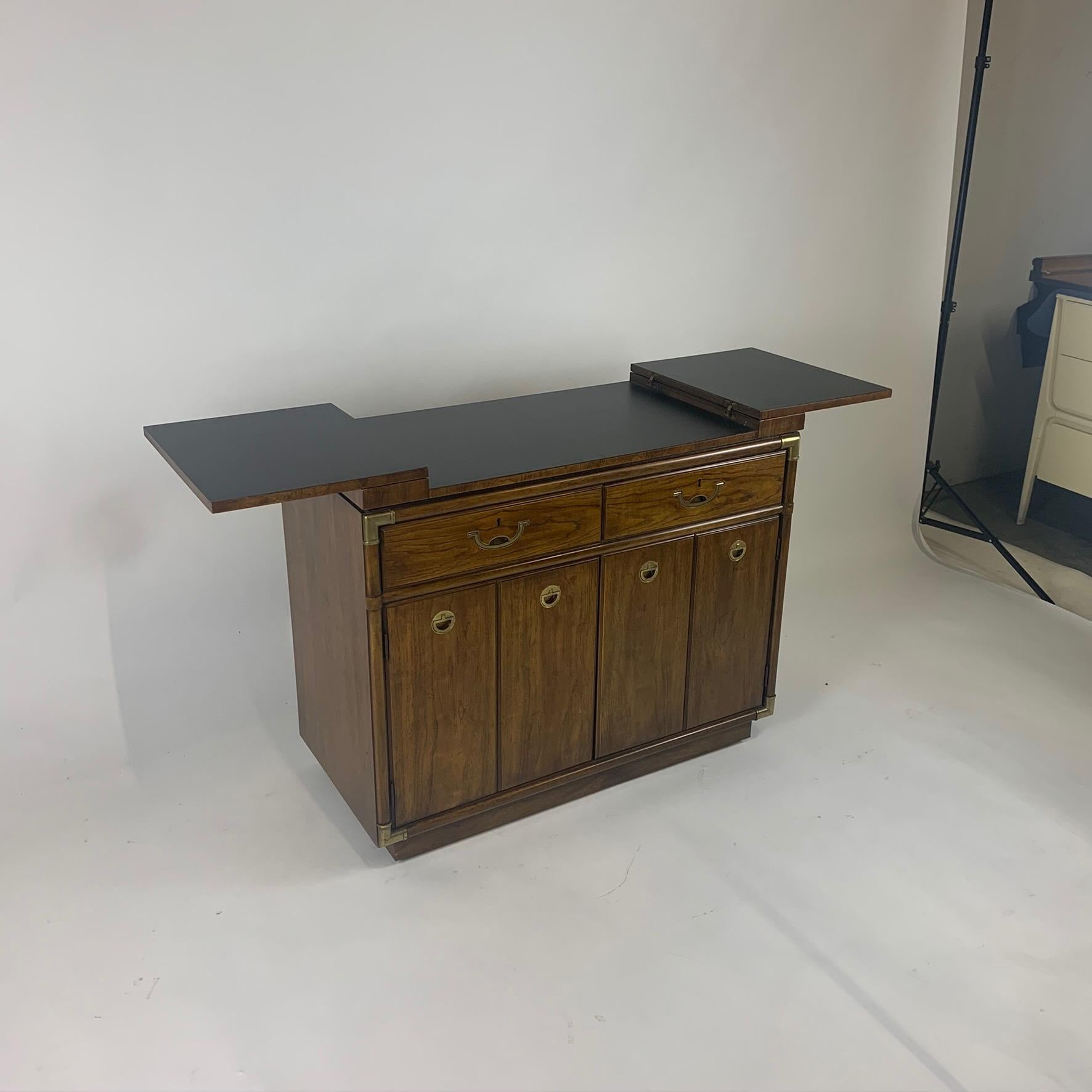 Campaign Style Dry Bar Cabinet Server w Convertible Server Bar of Wood & Brass In Good Condition In Hudson, NY