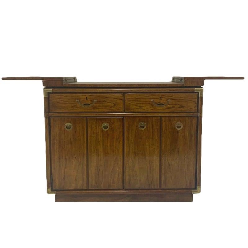 Campaign Style Dry Bar Cabinet Server w Convertible Server Bar of Wood & Brass