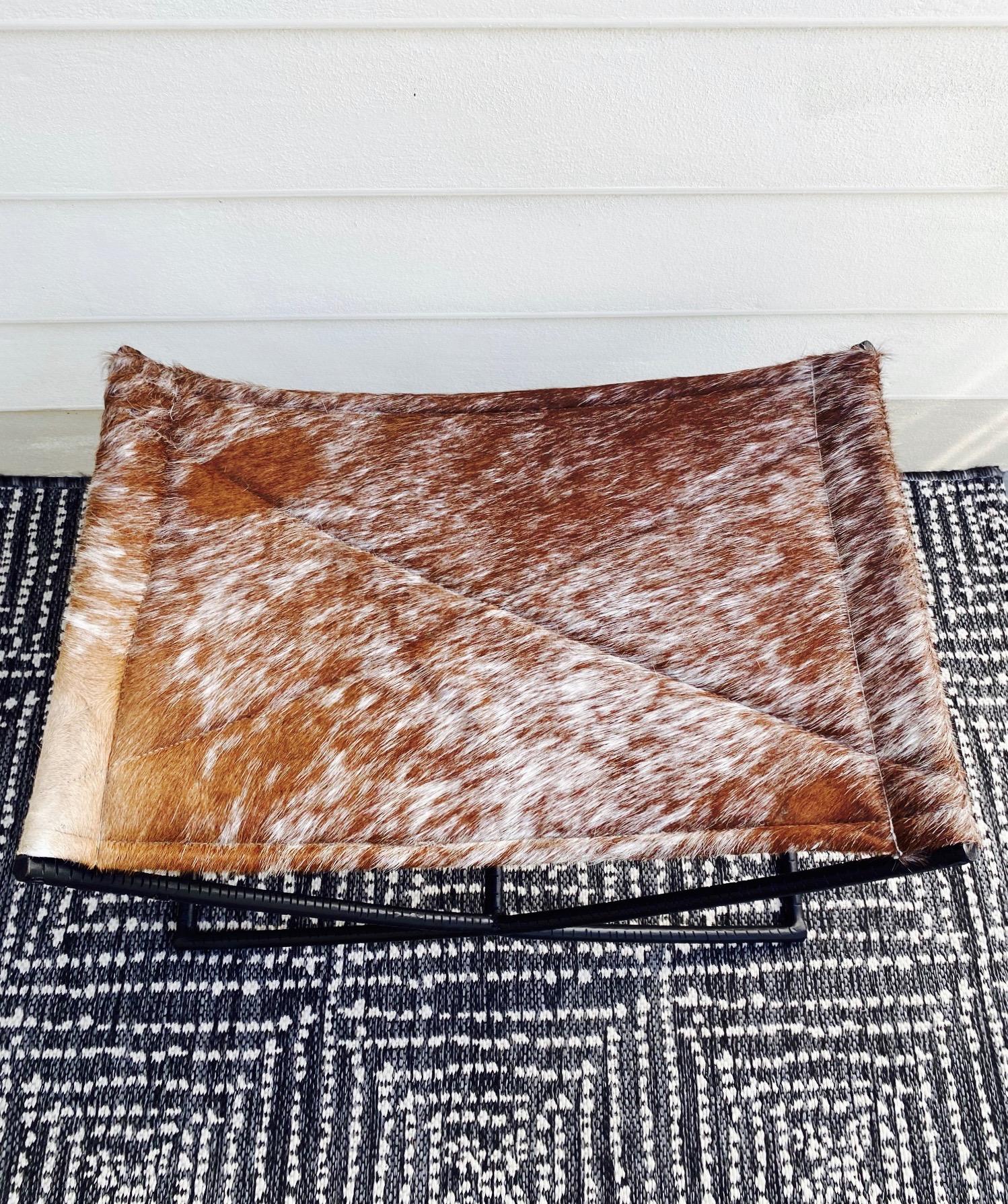 Campaign Style Bench with Brown and White Leather Hide Seat and Iron Base 2