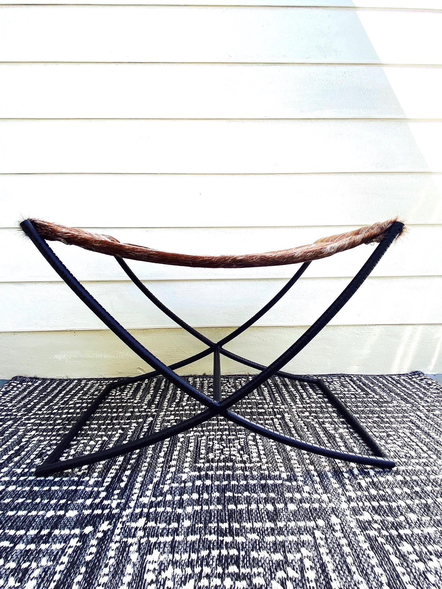 Campaign Style Bench with Brown and White Leather Hide Seat and Iron Base 4