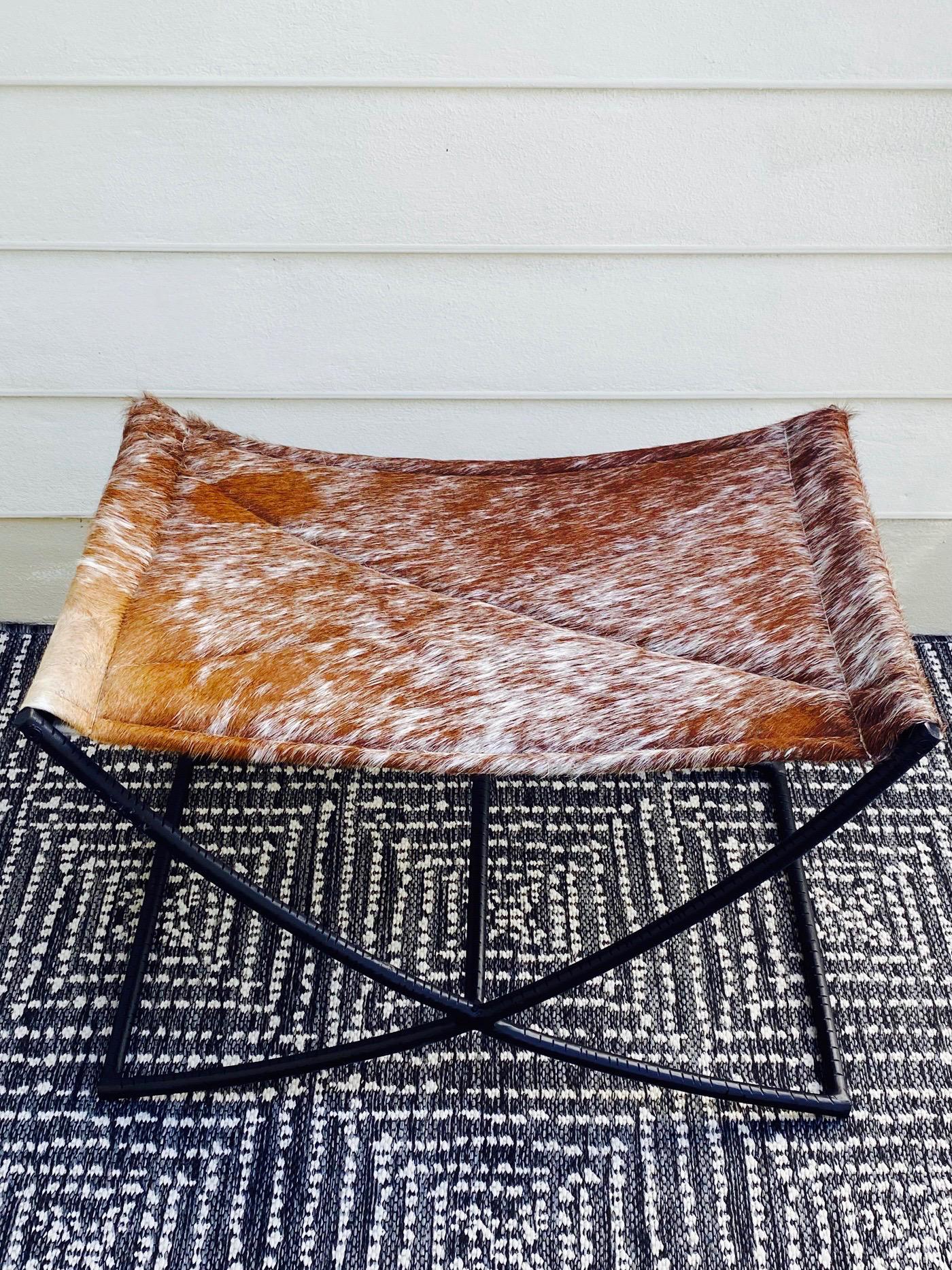 Mid-Century Modern Campaign Style Bench with Brown and White Leather Hide Seat and Iron Base