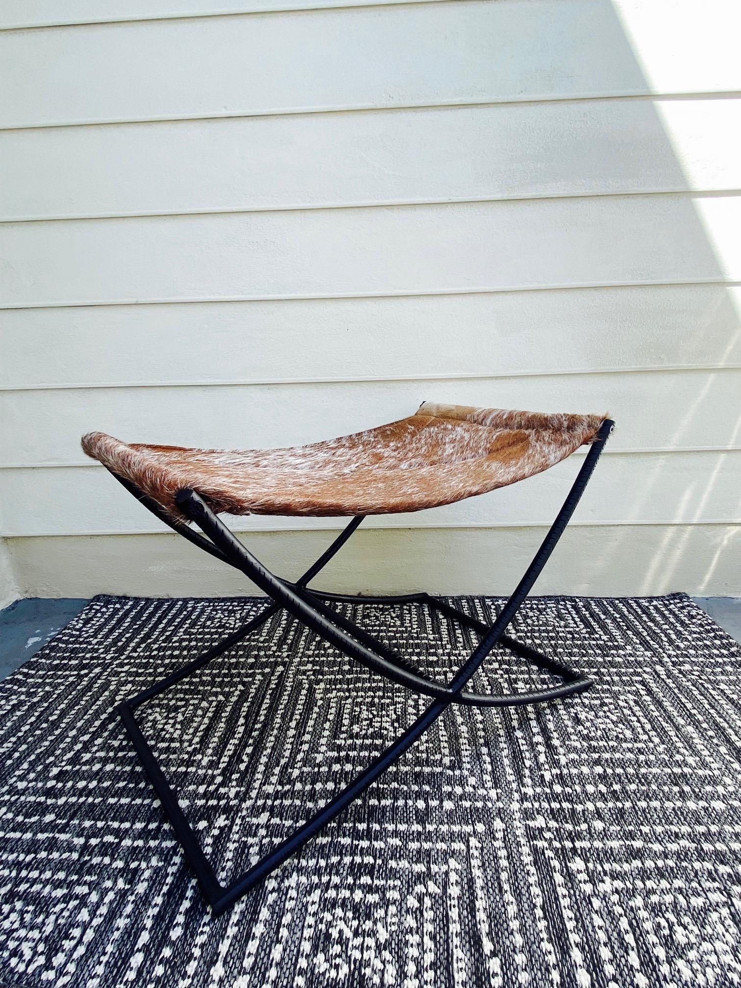 American Campaign Style Bench with Brown and White Leather Hide Seat and Iron Base