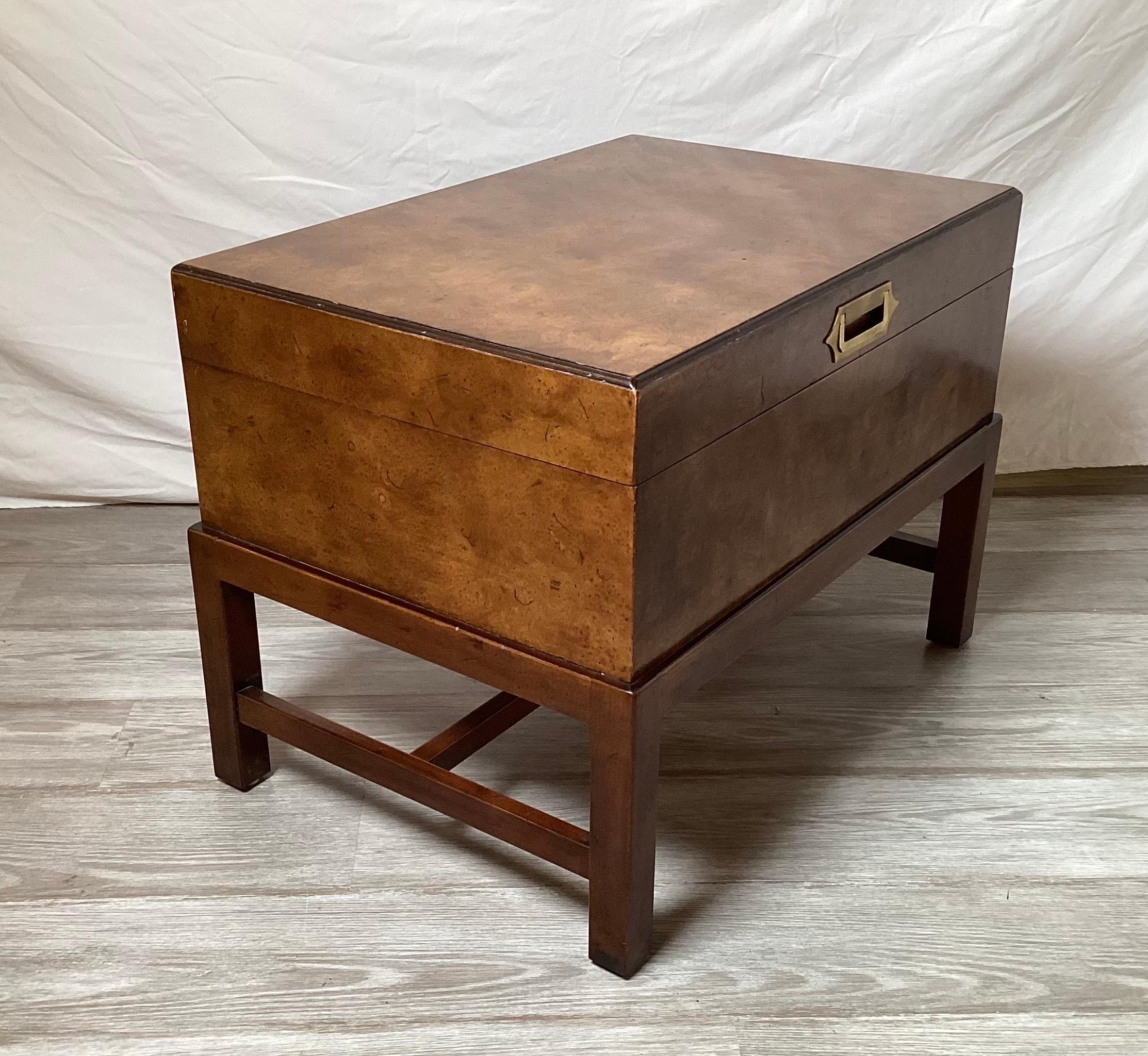 Late 20th Century Campaign Style Box on Stand in Brass and Burl Walnut For Sale