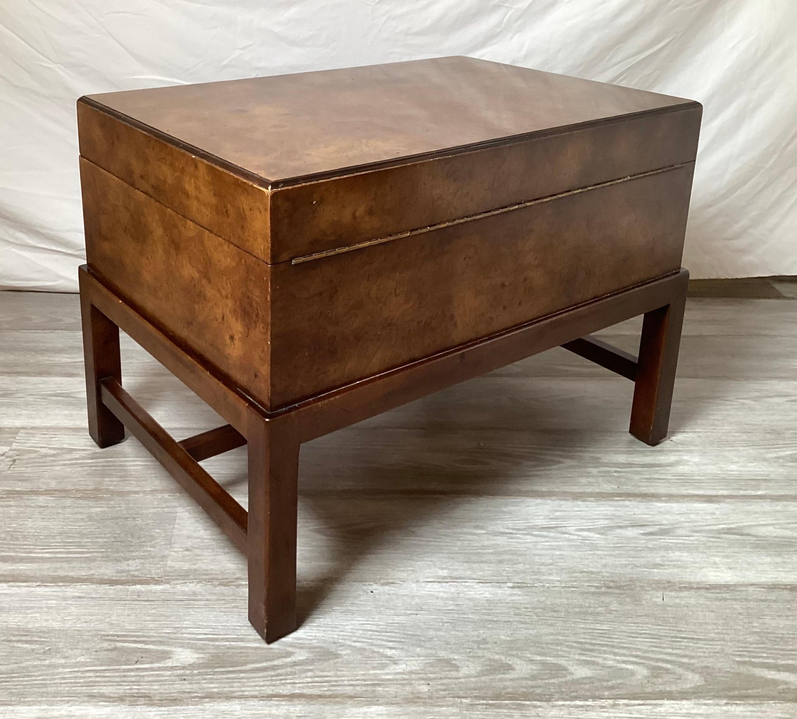 Campaign Style Box on Stand in Brass and Burl Walnut For Sale 1
