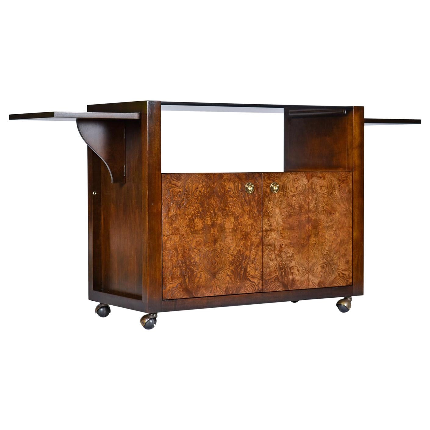 Campaign Style Brass Accent Burl Wood Server Dry Bar Cabinet