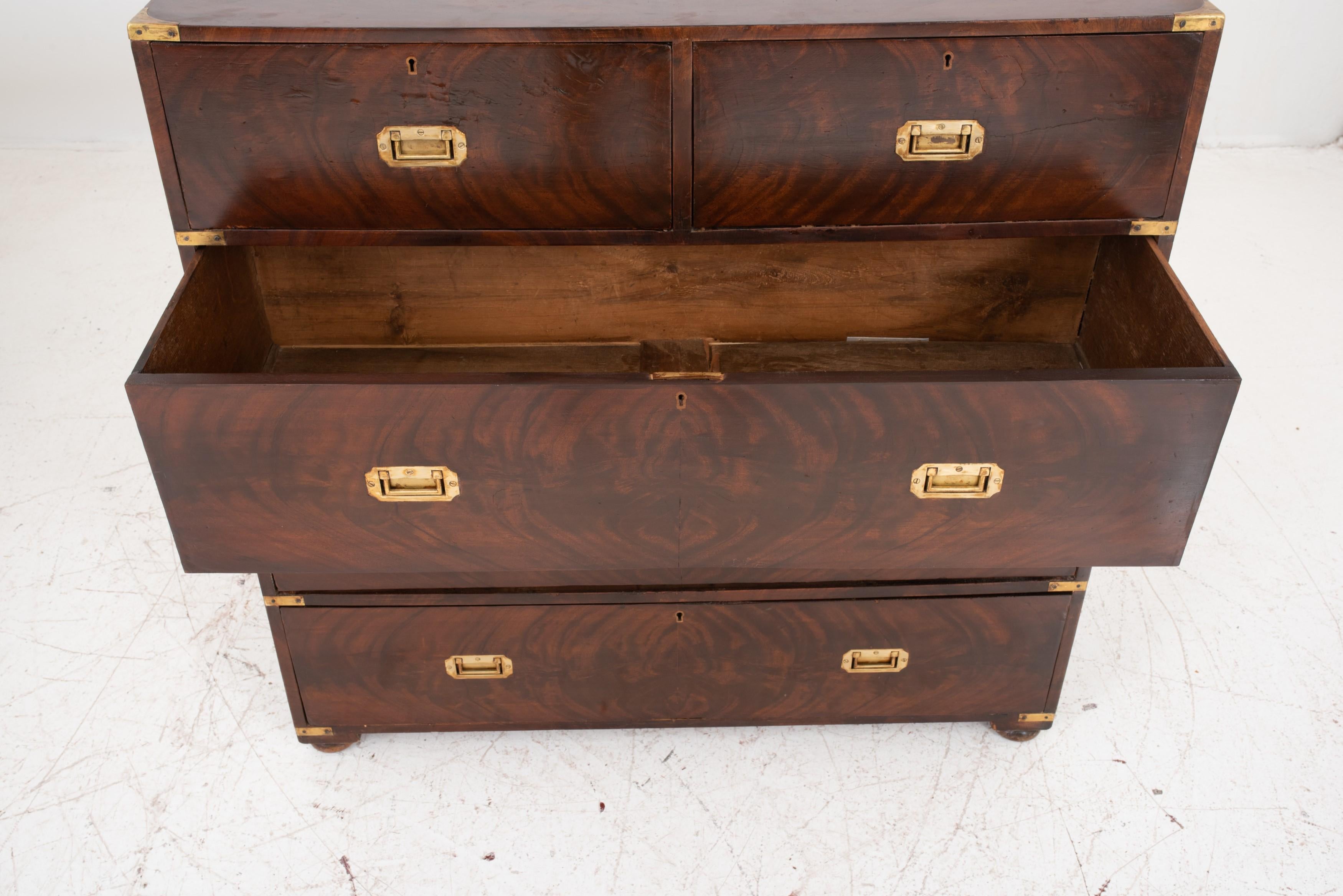  Campaign-style brass-bound mahogany four-drawer chest. Here's a breakdown of its key features:

Style: Campaign style - Characterized by portability, durability, and often featuring brass hardware and leather accents.

Material:

Body: Mahogany - A