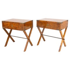 Campaign Style Brass Mounted Burlwood End Tables