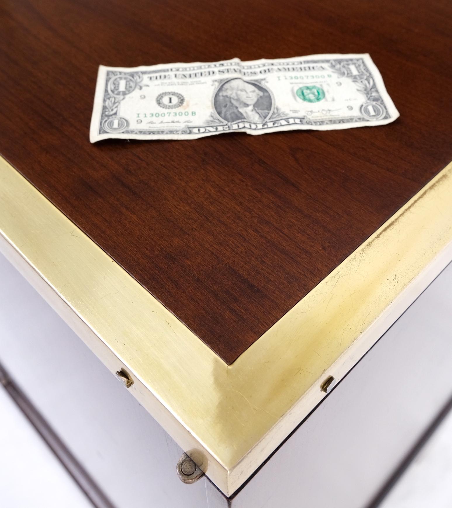 Campaign Style Brass Walnut Mid Century Drawers Doors Compartment Long Credenza For Sale 3