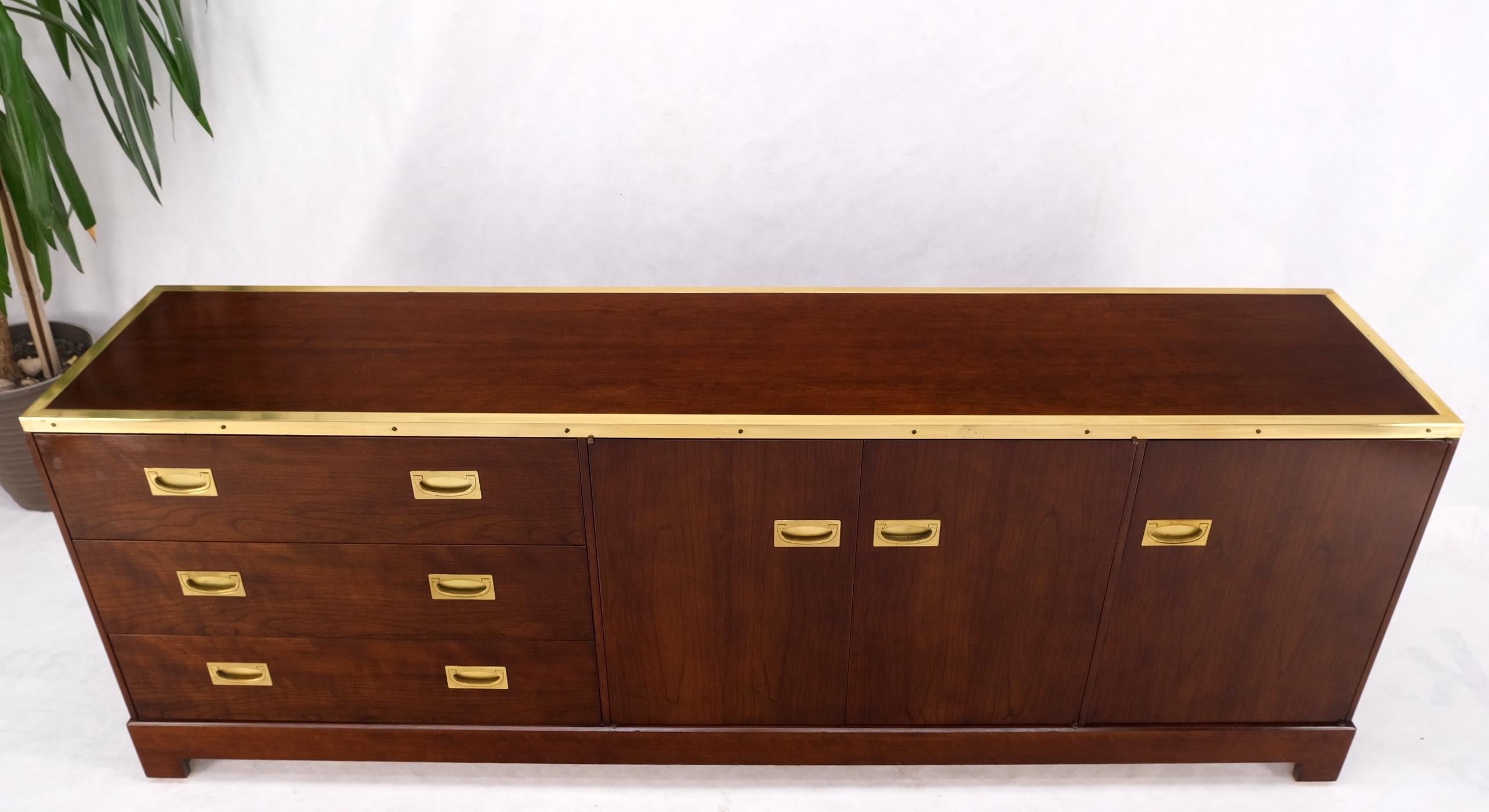 Campaign Style Brass Walnut Mid Century Drawers Doors Compartment Long Credenza For Sale 6