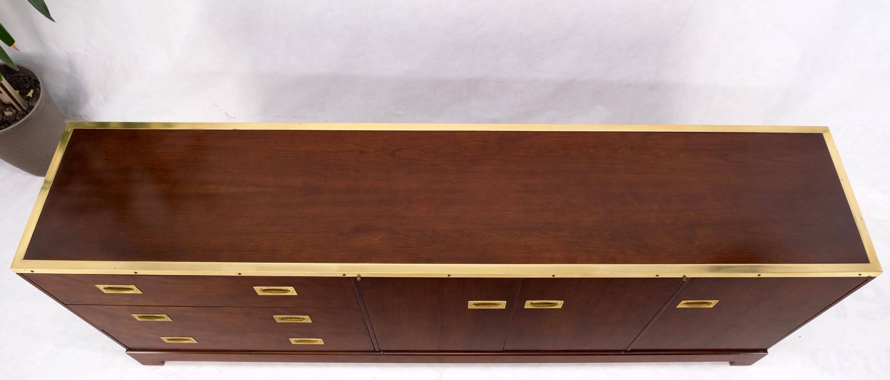 Campaign Style Brass Walnut Mid Century Drawers Doors Compartment Long Credenza For Sale 7