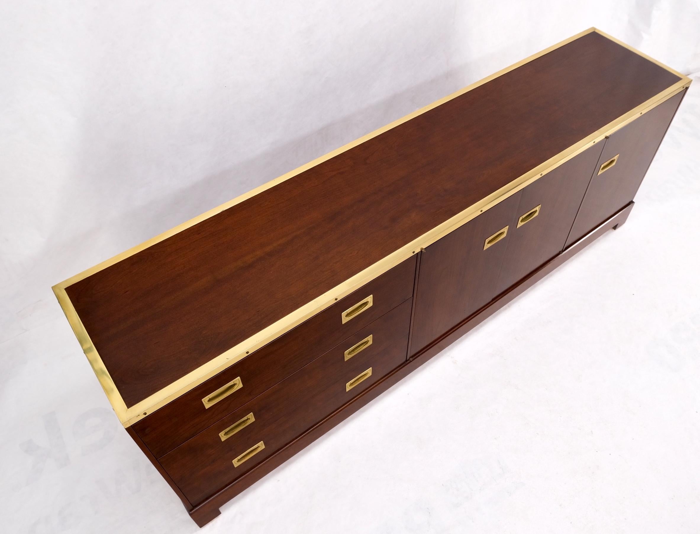 Campaign Style Brass Walnut Mid Century Drawers Doors Compartment Long Credenza  For Sale 8
