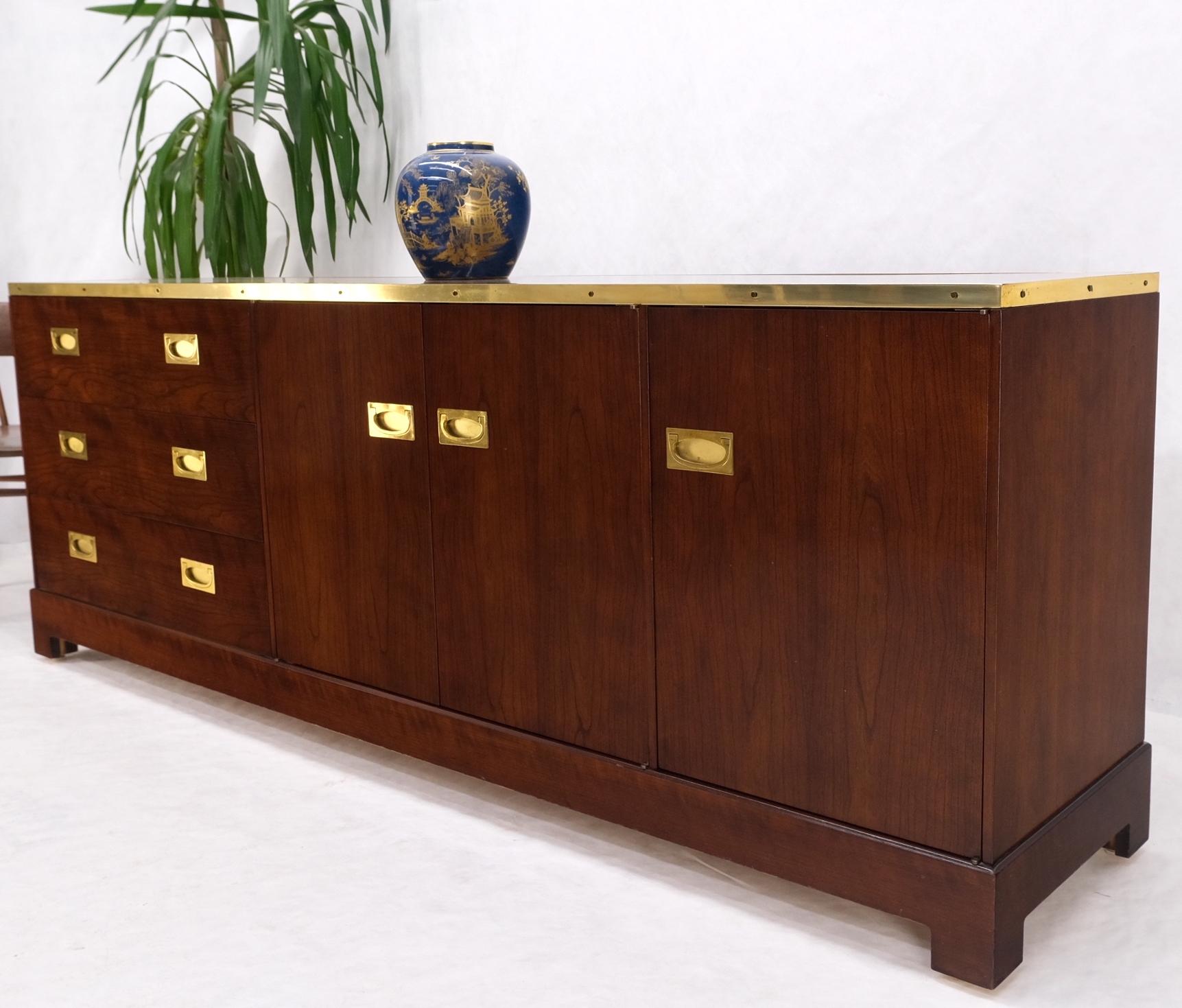 Campaign Style Brass Walnut Mid Century Drawers Doors Compartment Long Credenza  For Sale 9