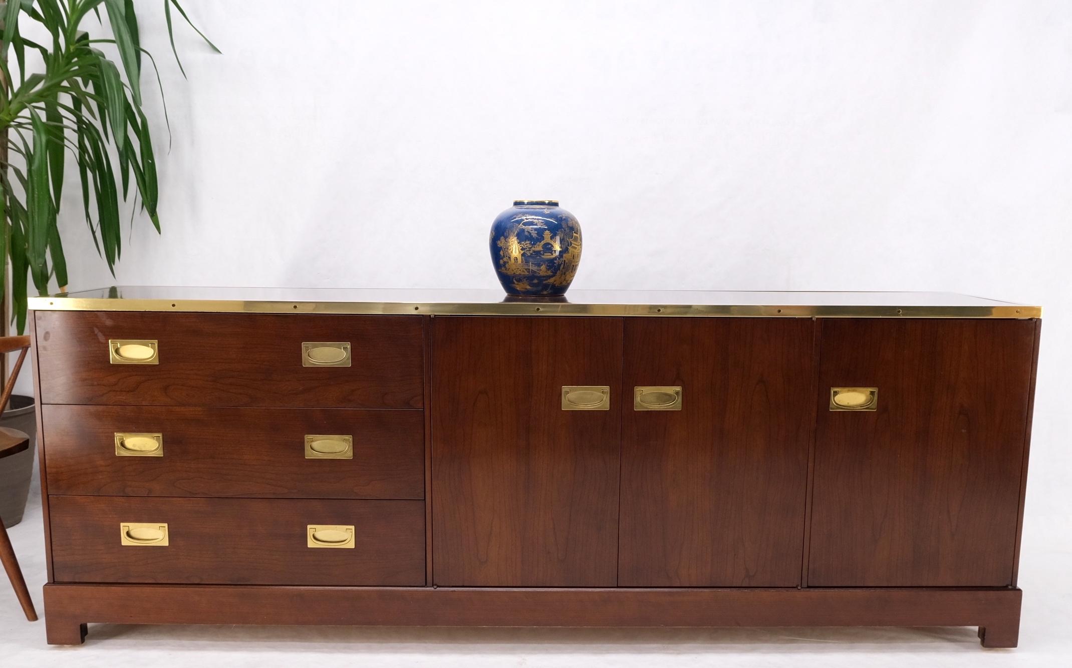 Campaign Style Brass Walnut Mid Century Drawers Doors Compartment Long Credenza  For Sale 10