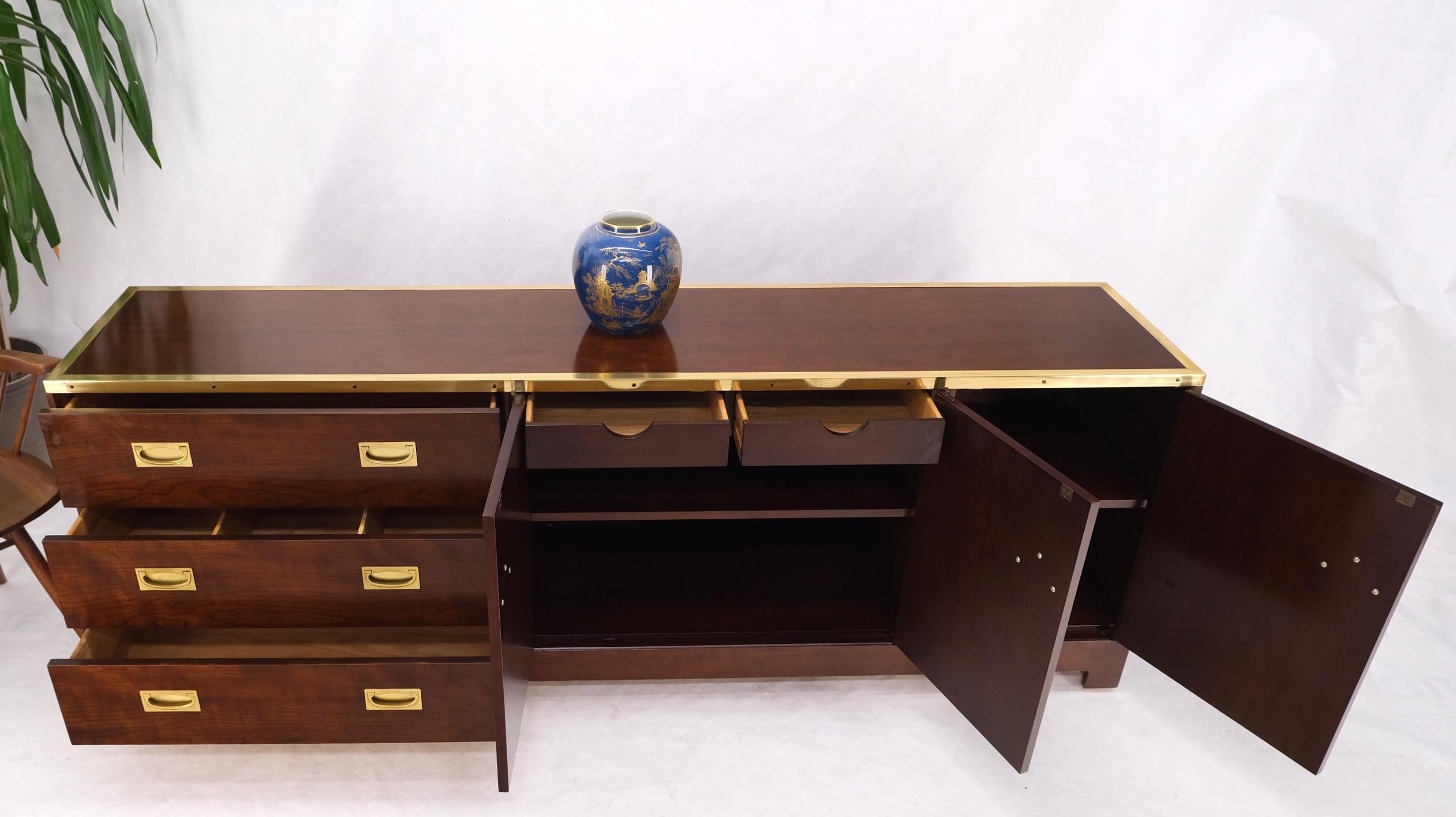 Campaign Style Brass Walnut Mid Century Drawers Doors Compartment Long Credenza For Sale 12