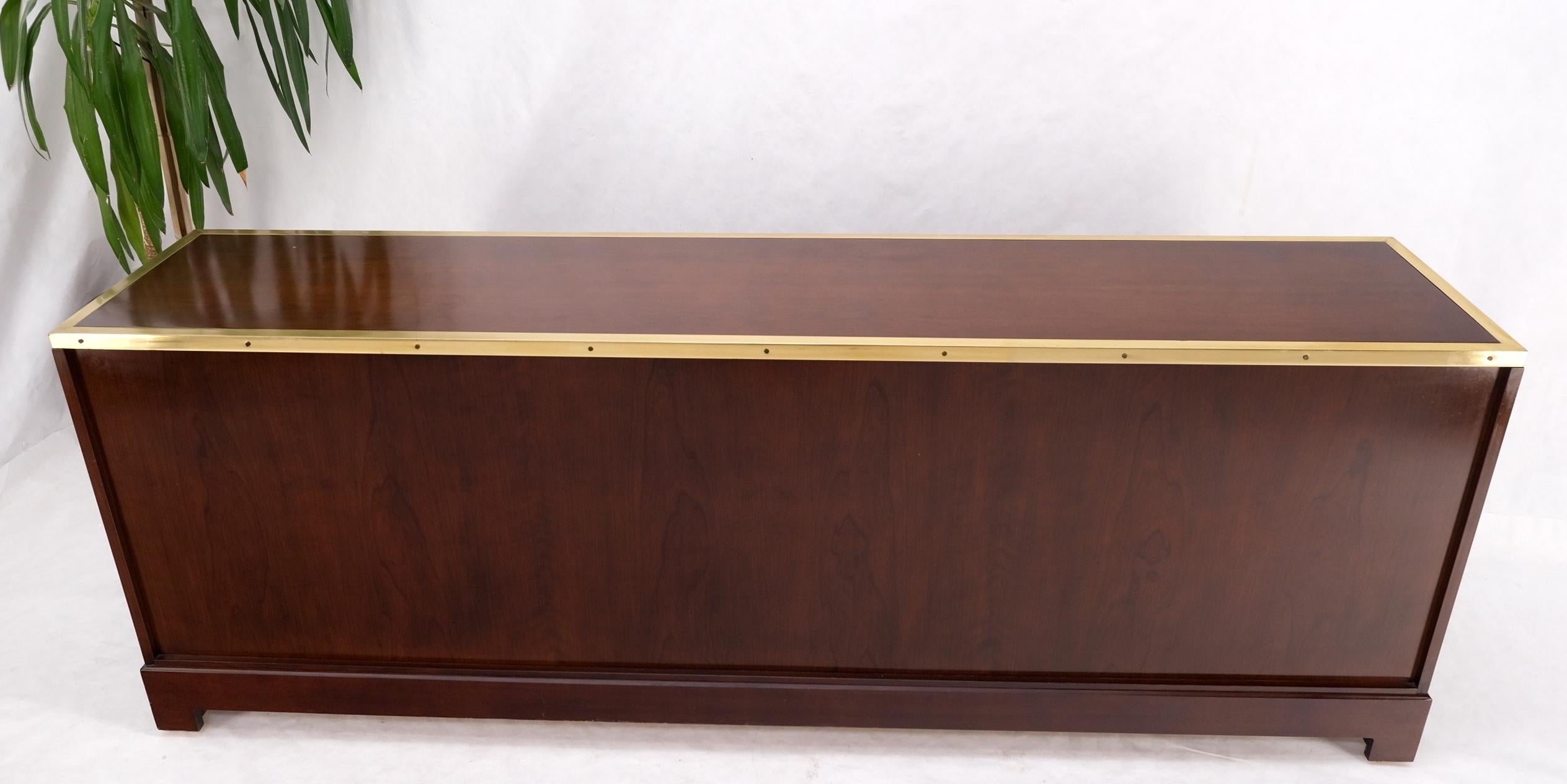 Campaign Style Brass Walnut Mid Century Drawers Doors Compartment Long Credenza For Sale 13