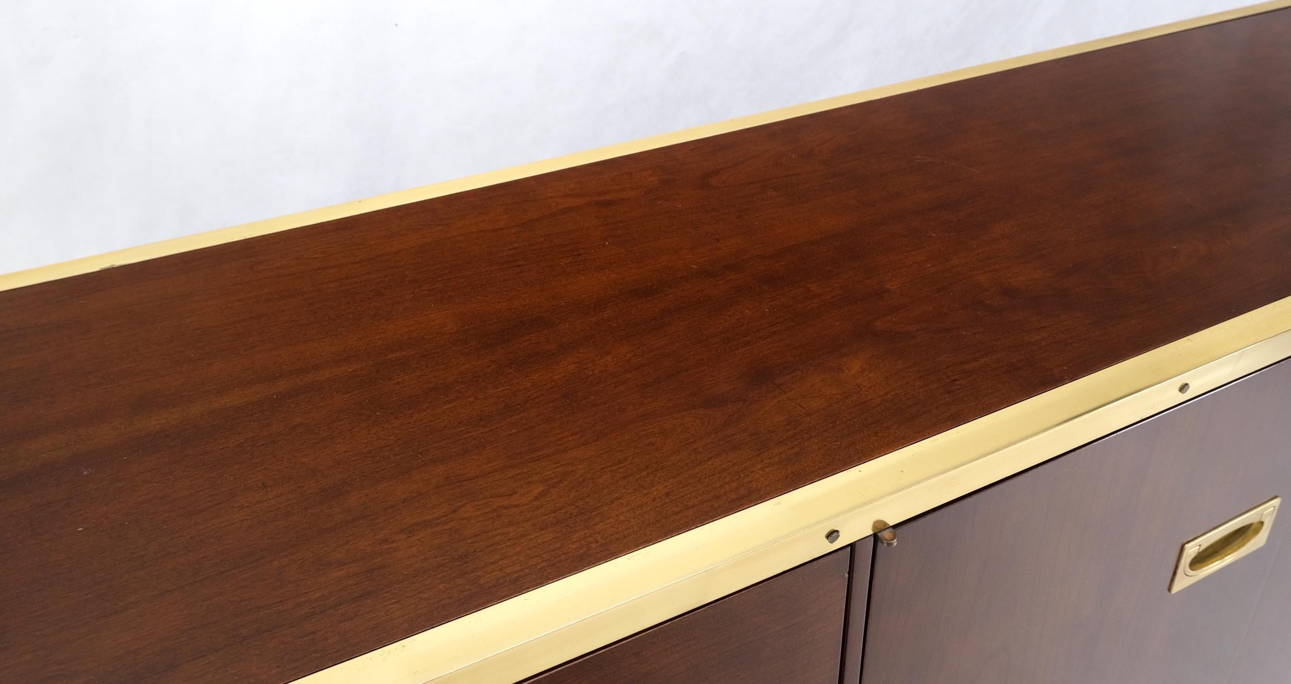 Campaign Style Brass Walnut Mid Century Drawers Doors Compartment Long Credenza  For Sale 2