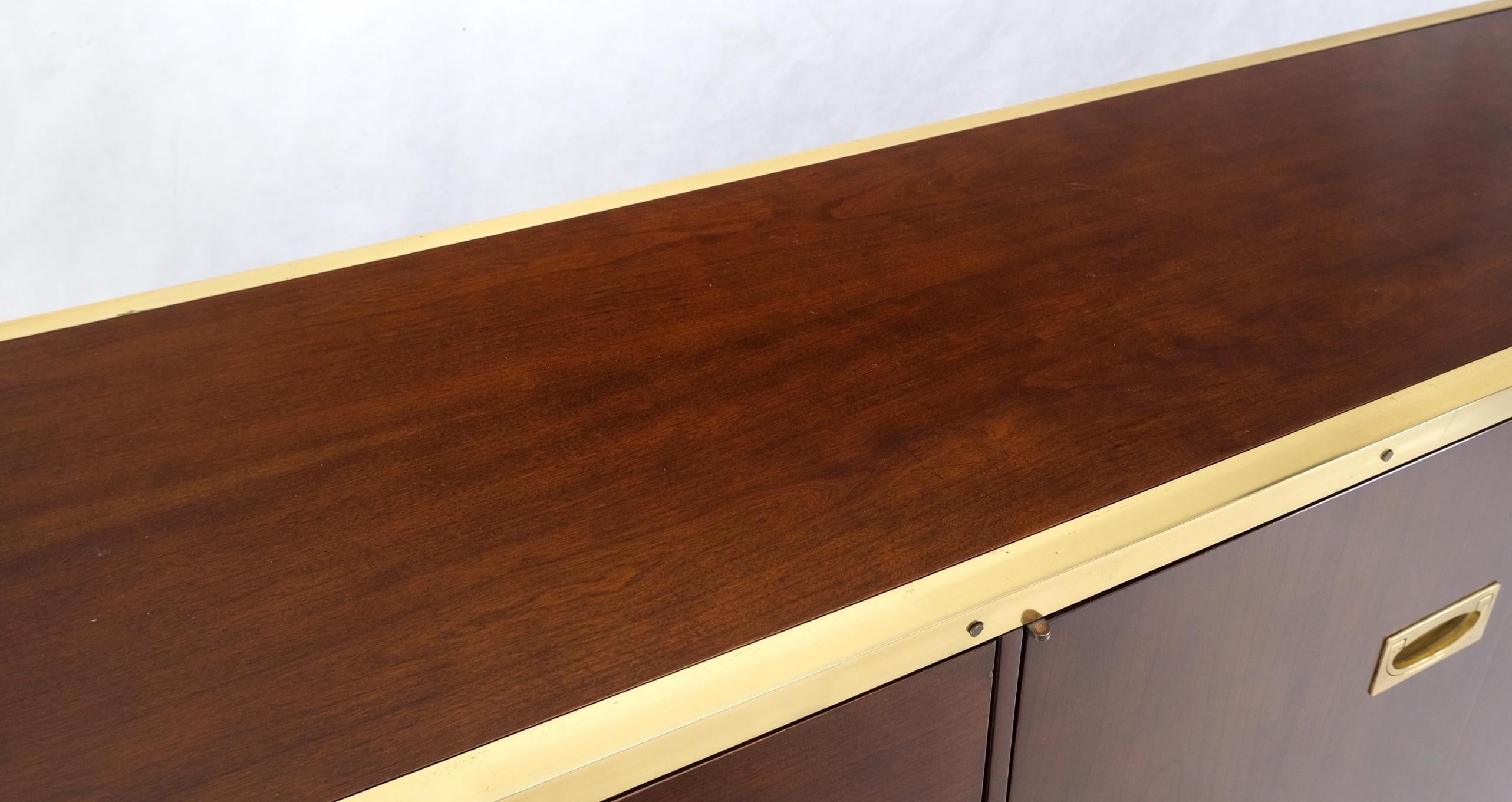 Campaign Style Brass Walnut Mid Century Drawers Doors Compartment Long Credenza For Sale 2