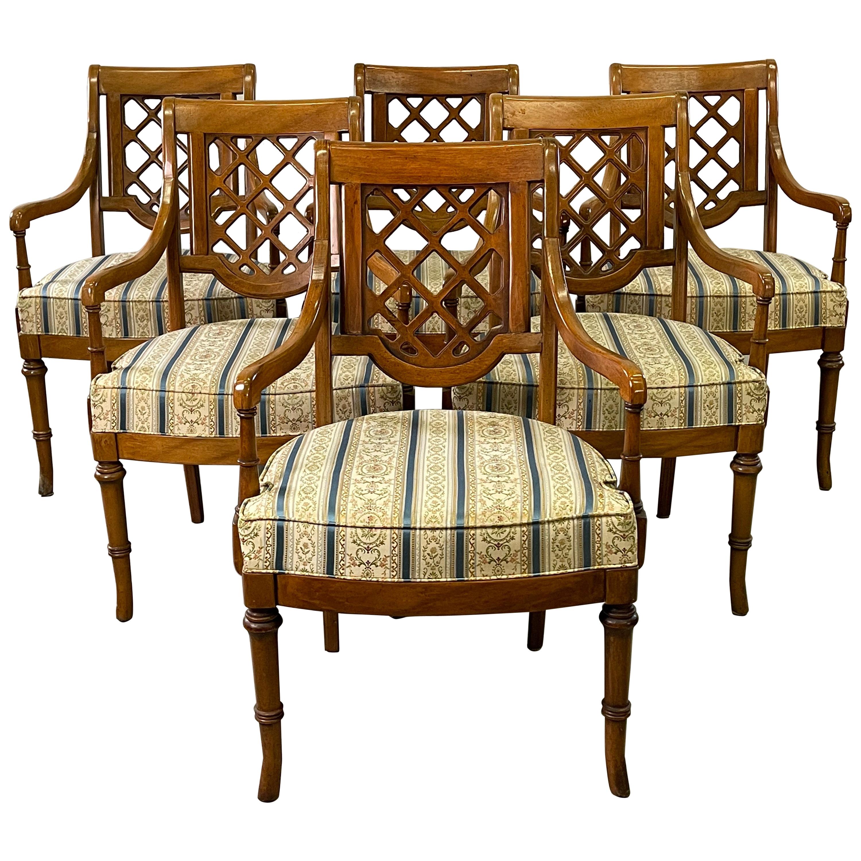  Campaign Style Dining Room Arm Chairs, Set of 6 For Sale