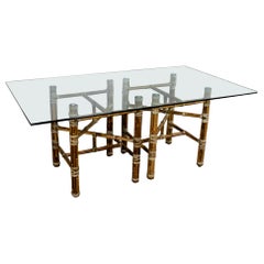 Campaign Style Double Pedestal Dining Table by McGuire Bamboo Bases & Glass Top Campaign Style Double Pedestal Dining Table by McGuire Bamboo Bases & Glass Top