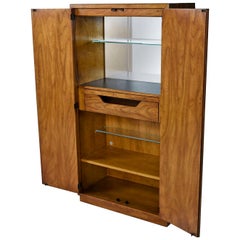 Campaign Style Drexel Heritage Consensus Pecan Illuminated Bar Cabinet, 1970s