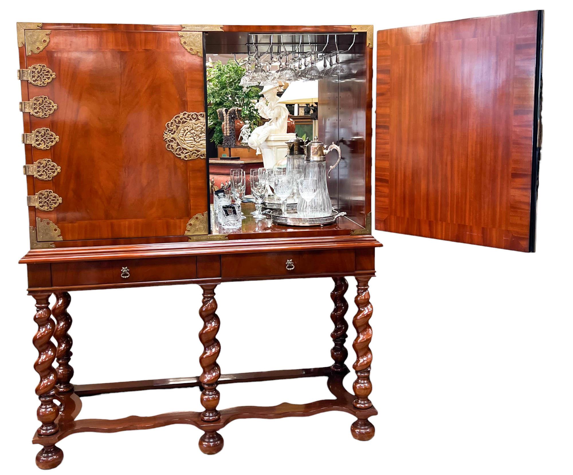 Anglo-Indian Campaign-Style Dry Bar Cabinet on Barley Twist Sculptural Base For Sale