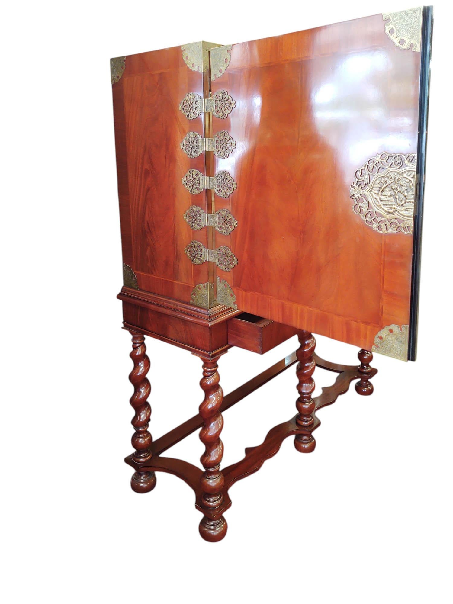 Contemporary Campaign-Style Dry Bar Cabinet on Barley Twist Sculptural Base For Sale