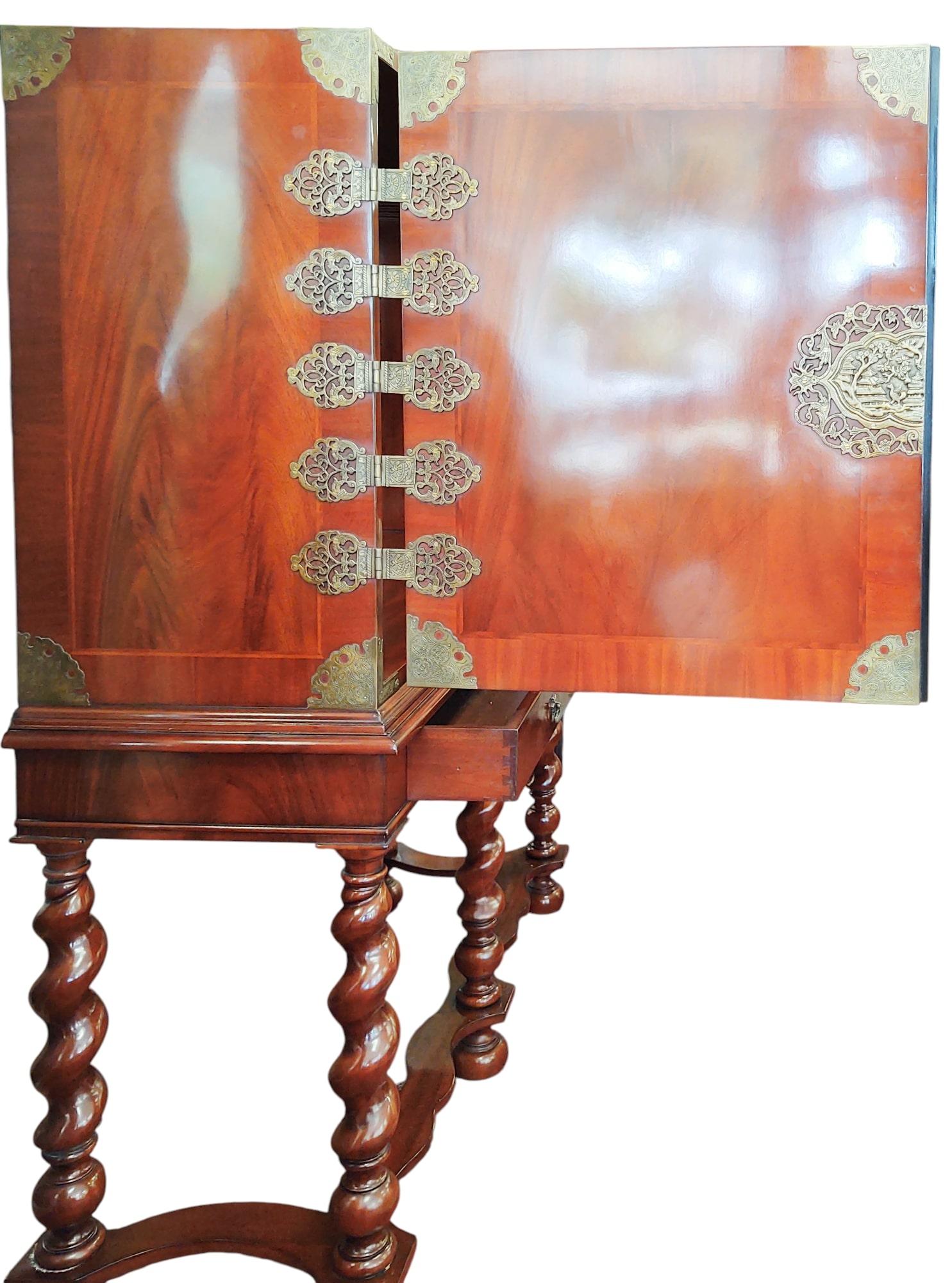 Mahogany Campaign-Style Dry Bar Cabinet on Barley Twist Sculptural Base For Sale
