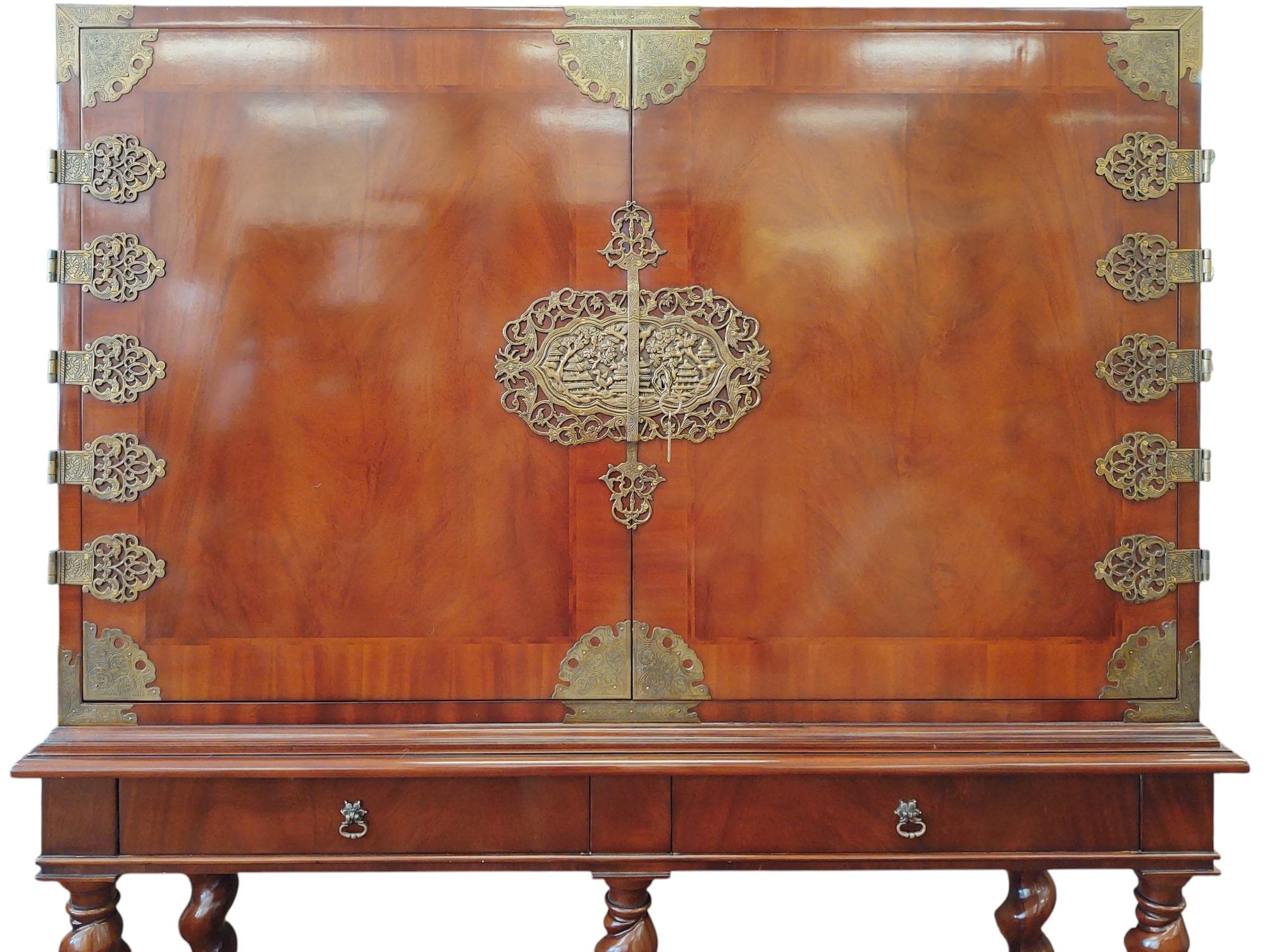Campaign-Style Dry Bar Cabinet on Barley Twist Sculptural Base For Sale 2