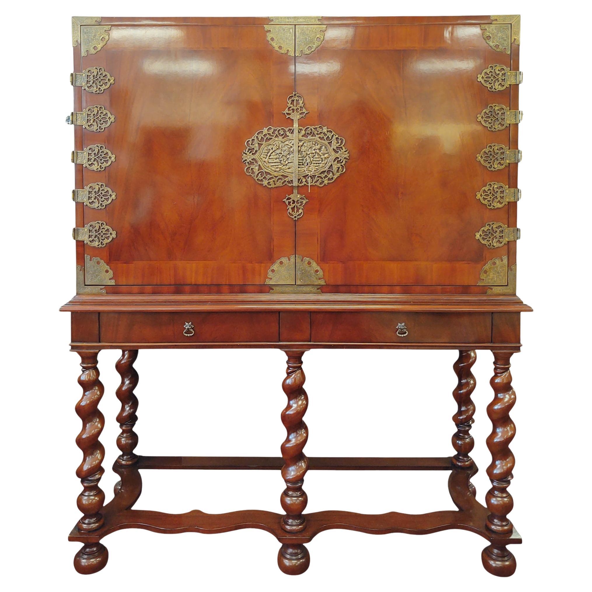 Campaign-Style Dry Bar Cabinet on Barley Twist Sculptural Base For Sale