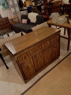 Campaign Style Dry Bar Cabinet Server w Convertible Server Bar of Wood & Brass